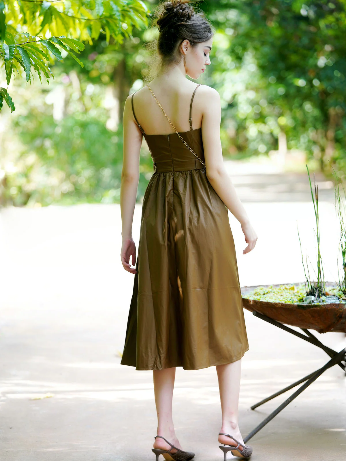Odette Women Olive Pu Solid Tea Length Stitched Dress - Image 4