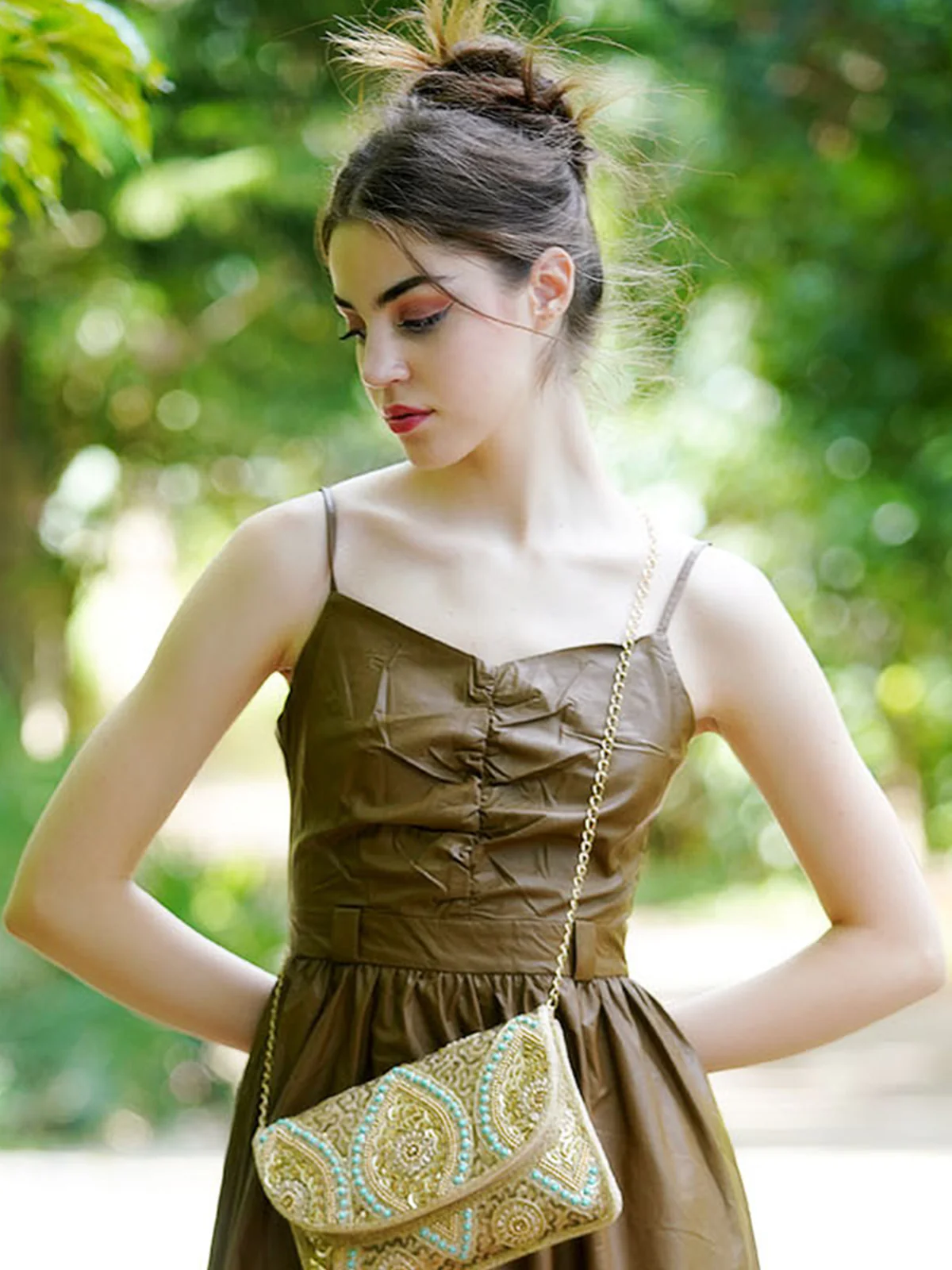 Odette Women Olive Pu Solid Tea Length Stitched Dress - Image 5