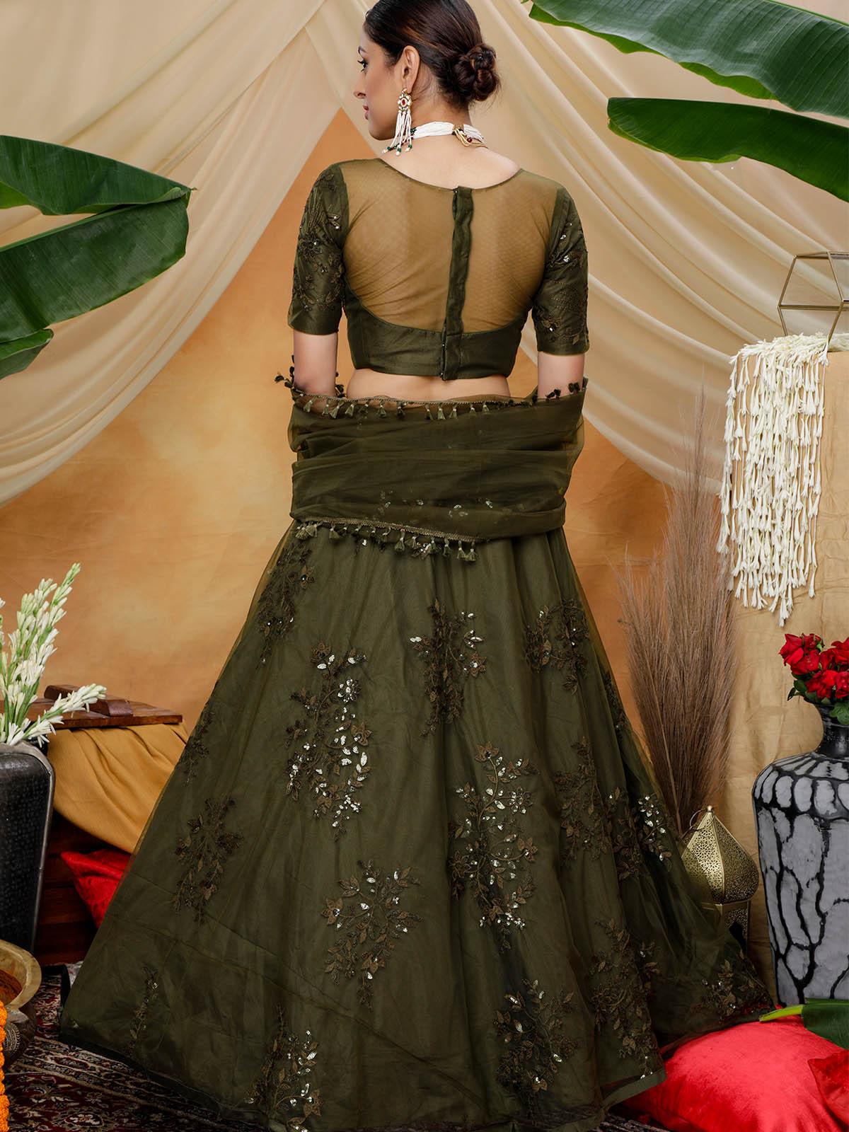 Odette Women Olive Sequins Net Semi Stitched Lehenga With  Unstitched Blouse - Image 2