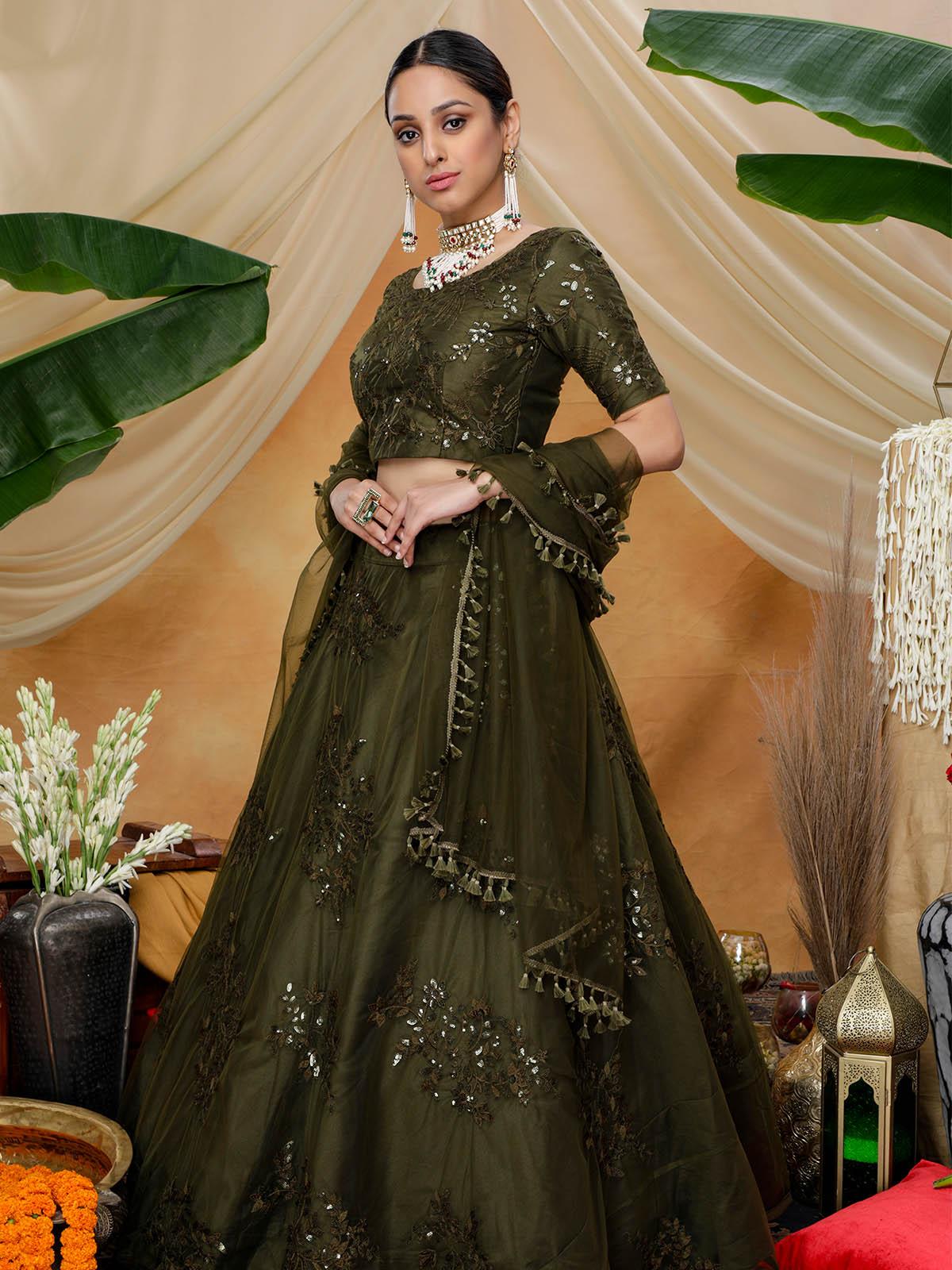 Odette Women Olive Sequins Net Semi Stitched Lehenga With  Unstitched Blouse - Image 3