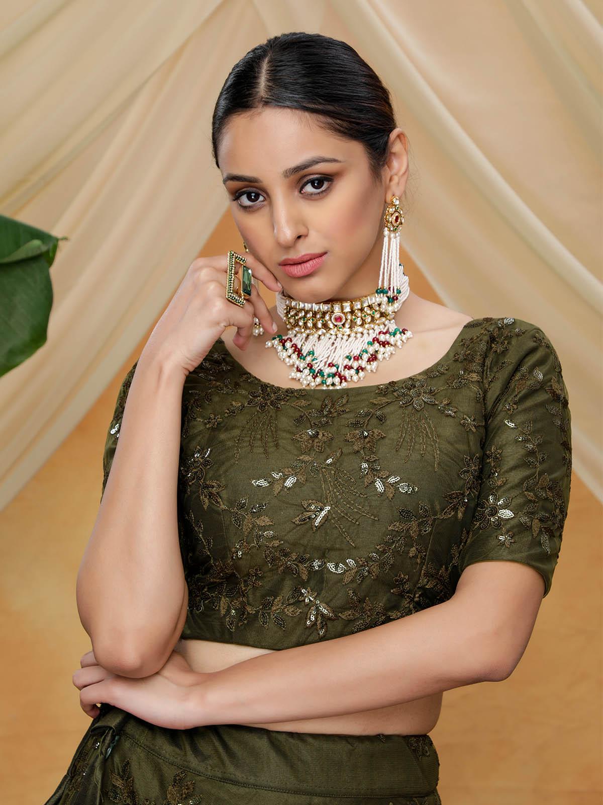 Odette Women Olive Sequins Net Semi Stitched Lehenga With  Unstitched Blouse - Image 4