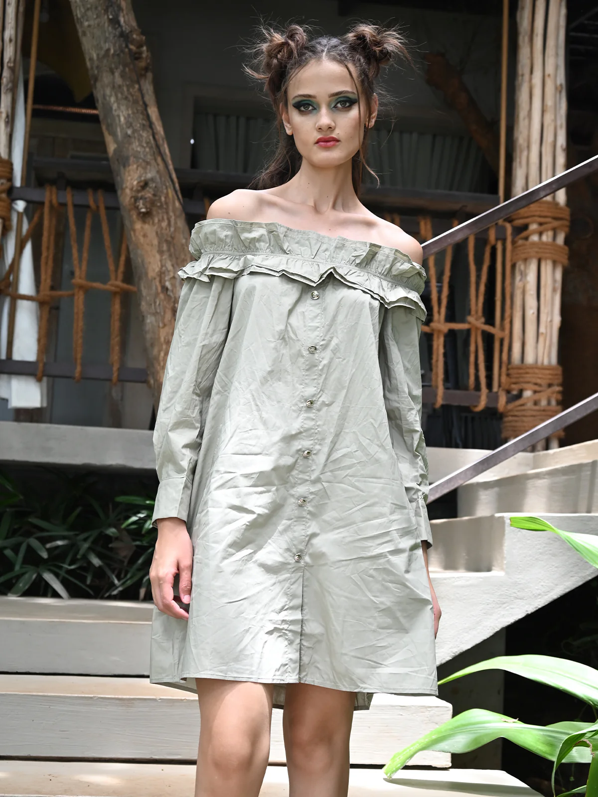 Odette Women Olive Solid Brushed Cotton Stitched Dress - Image 2