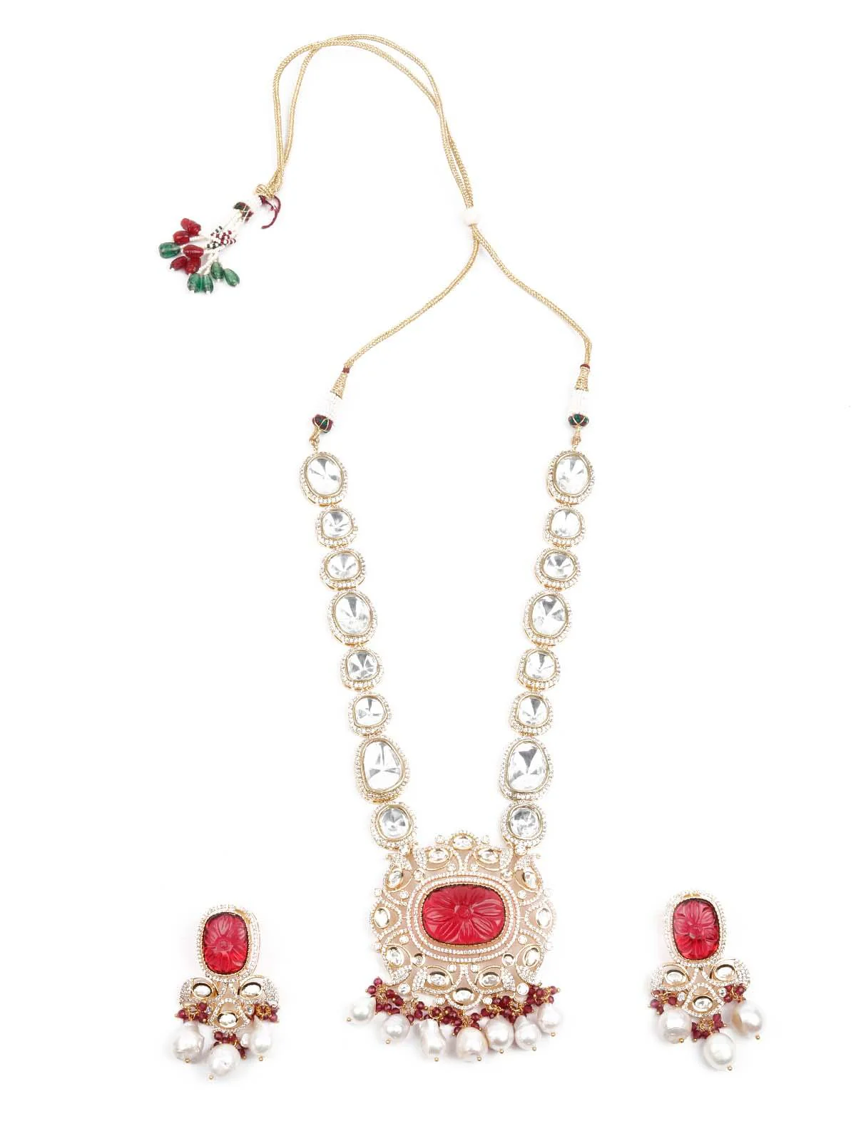 Odette Women Opulant Red And White Embellished Long Necklace Set - Image 3