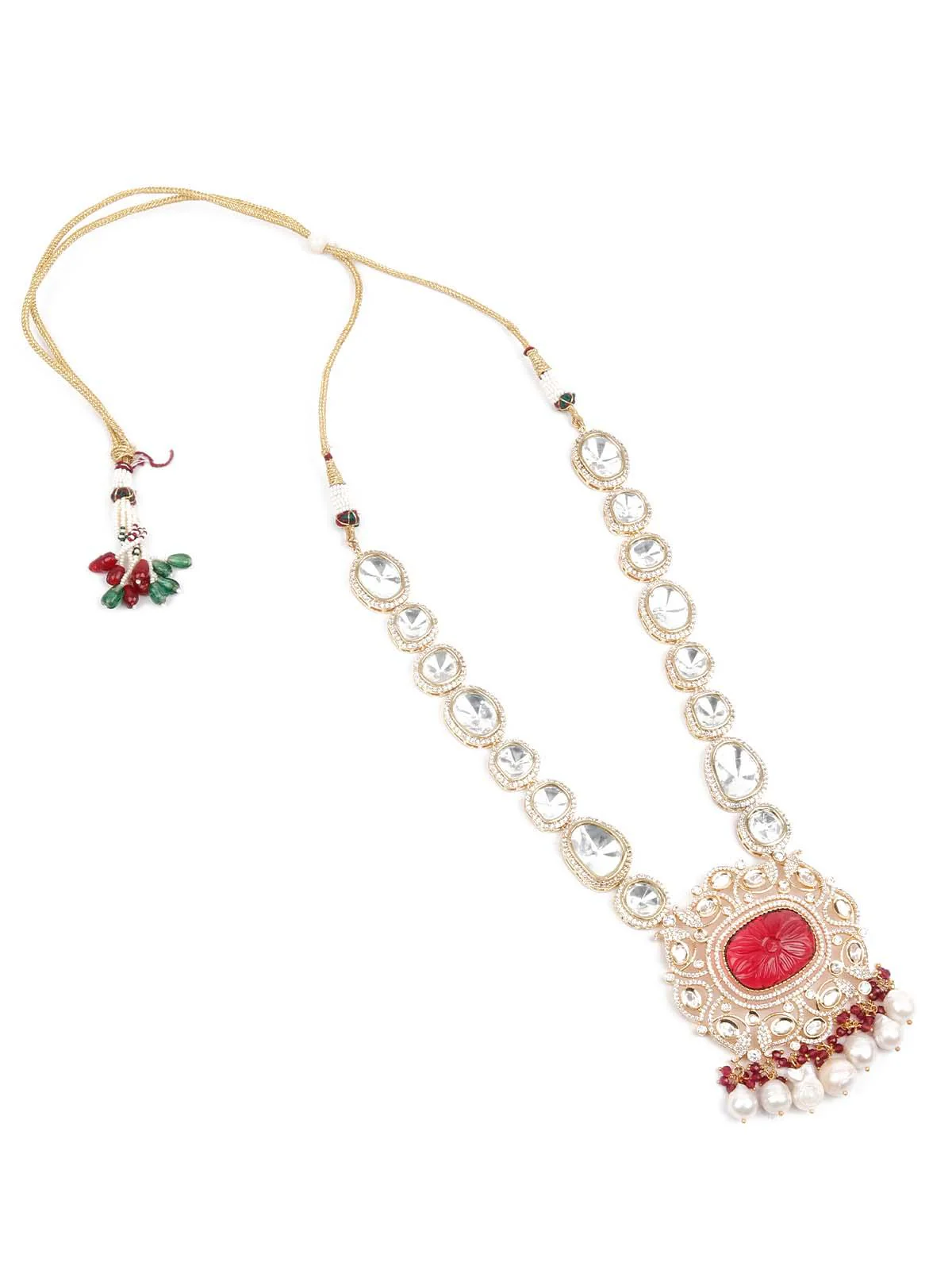 Odette Women Opulant Red And White Embellished Long Necklace Set - Image 4