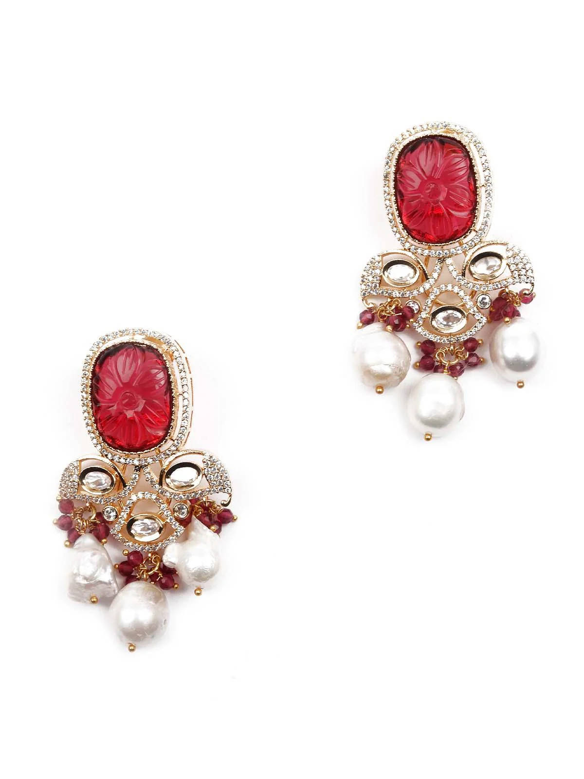 Odette Women Opulant Red And White Embellished Long Necklace Set - Image 7