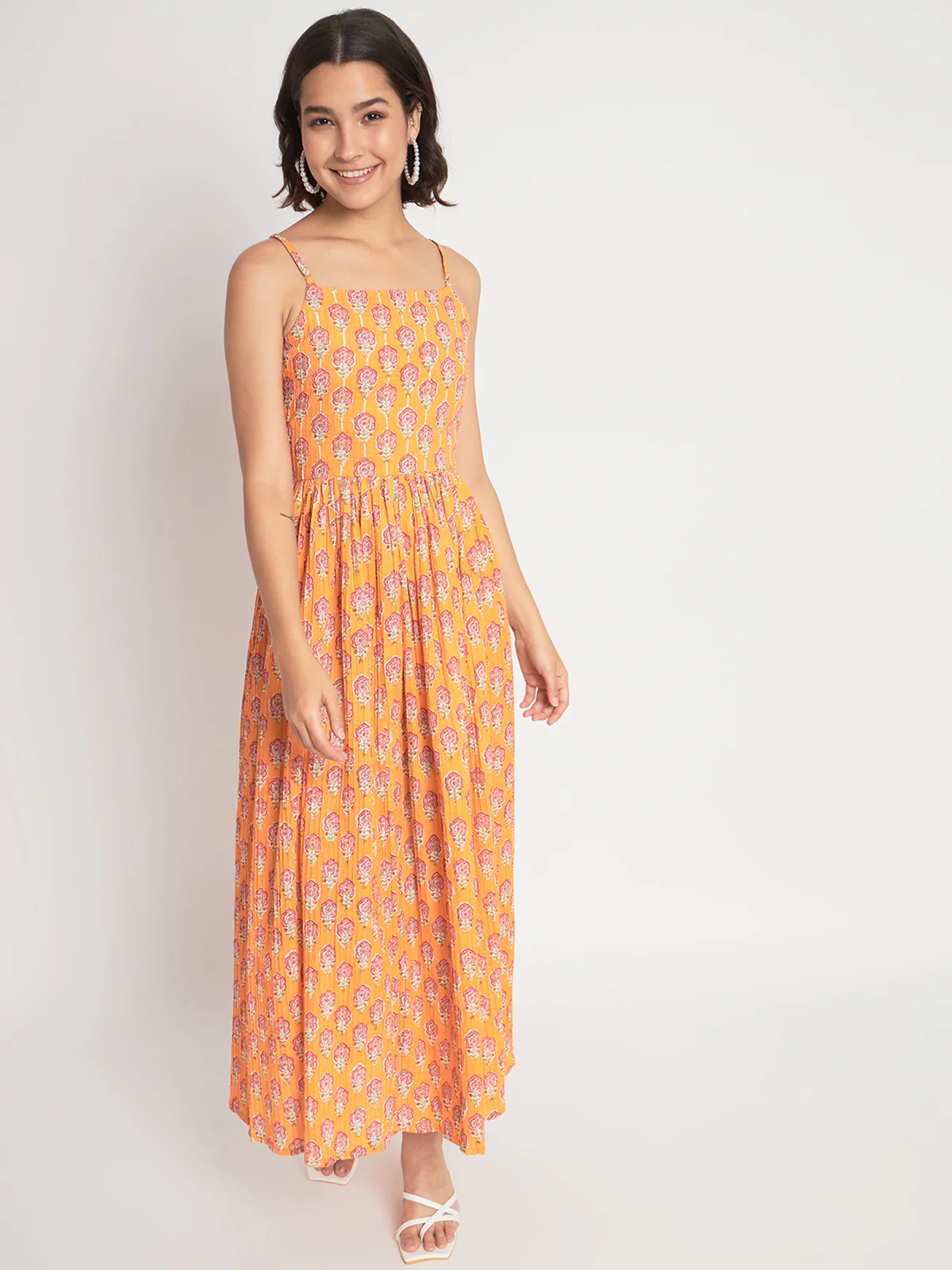 Odette Women Orange Cotton Embroidered Indo Western Dress - Image 2