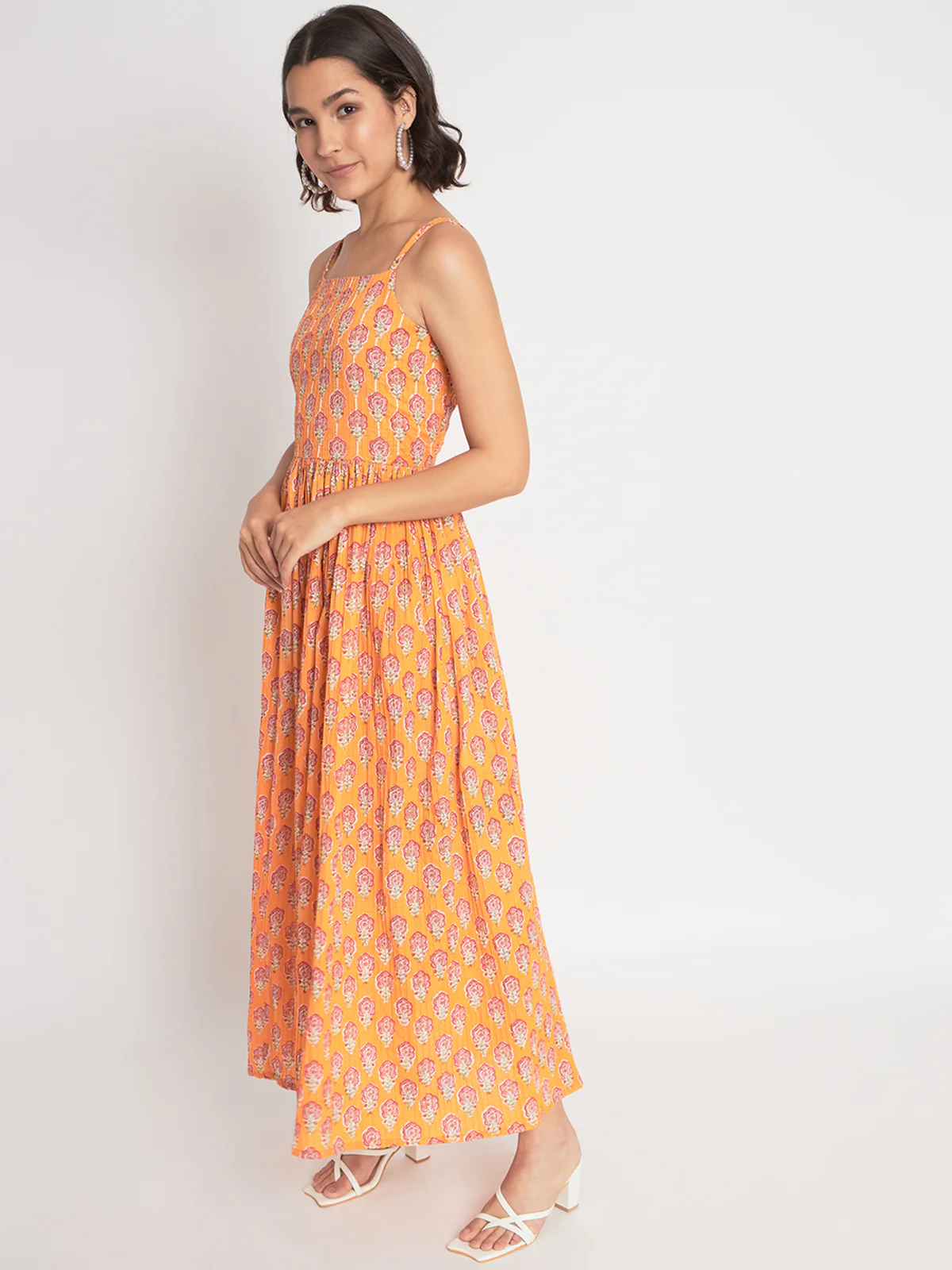 Odette Women Orange Cotton Embroidered Indo Western Dress - Image 3