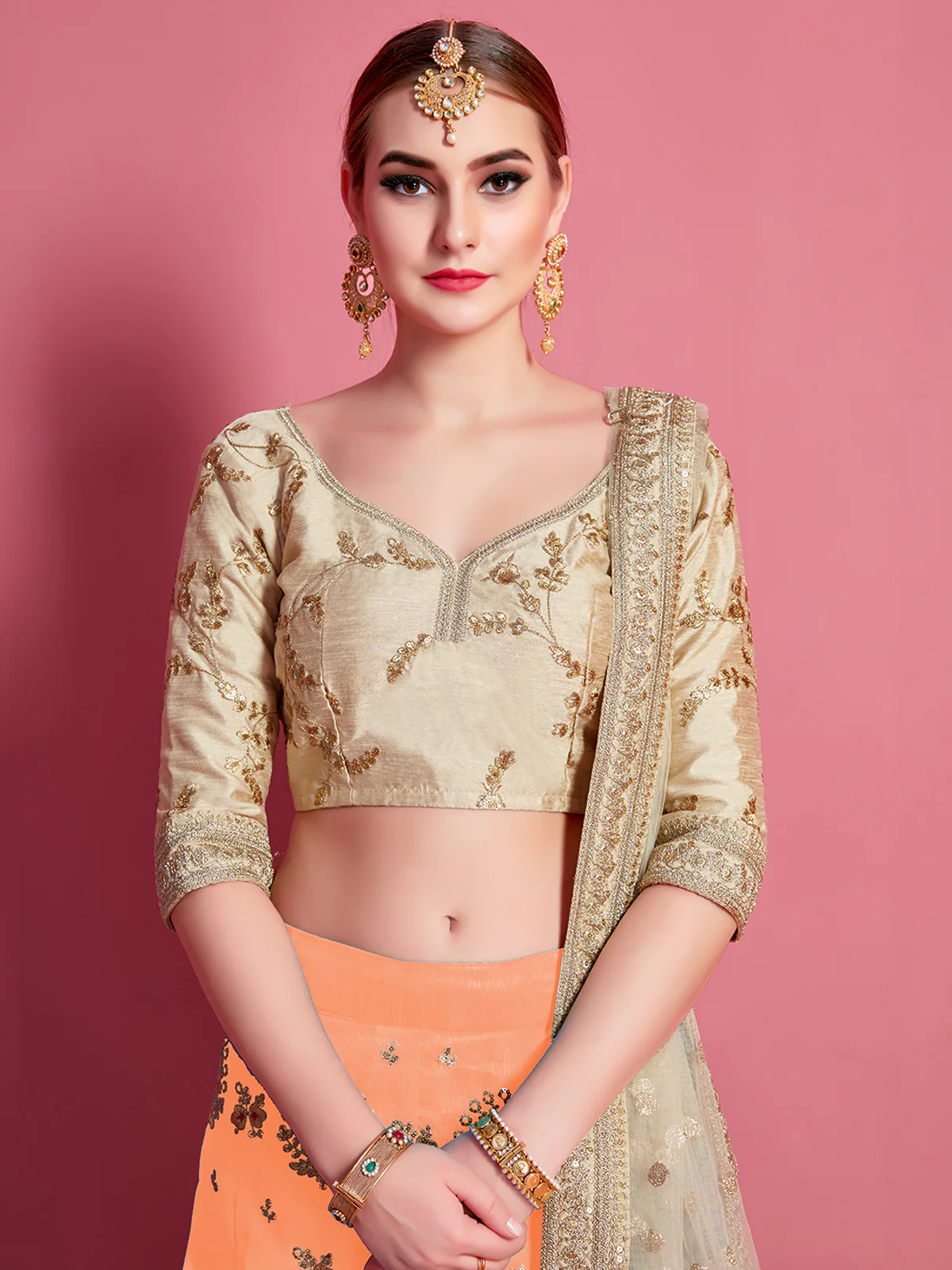 Odette Women Orange Embroidered Semi Stitched Lehenga With Unstitched Blouse - Image 4