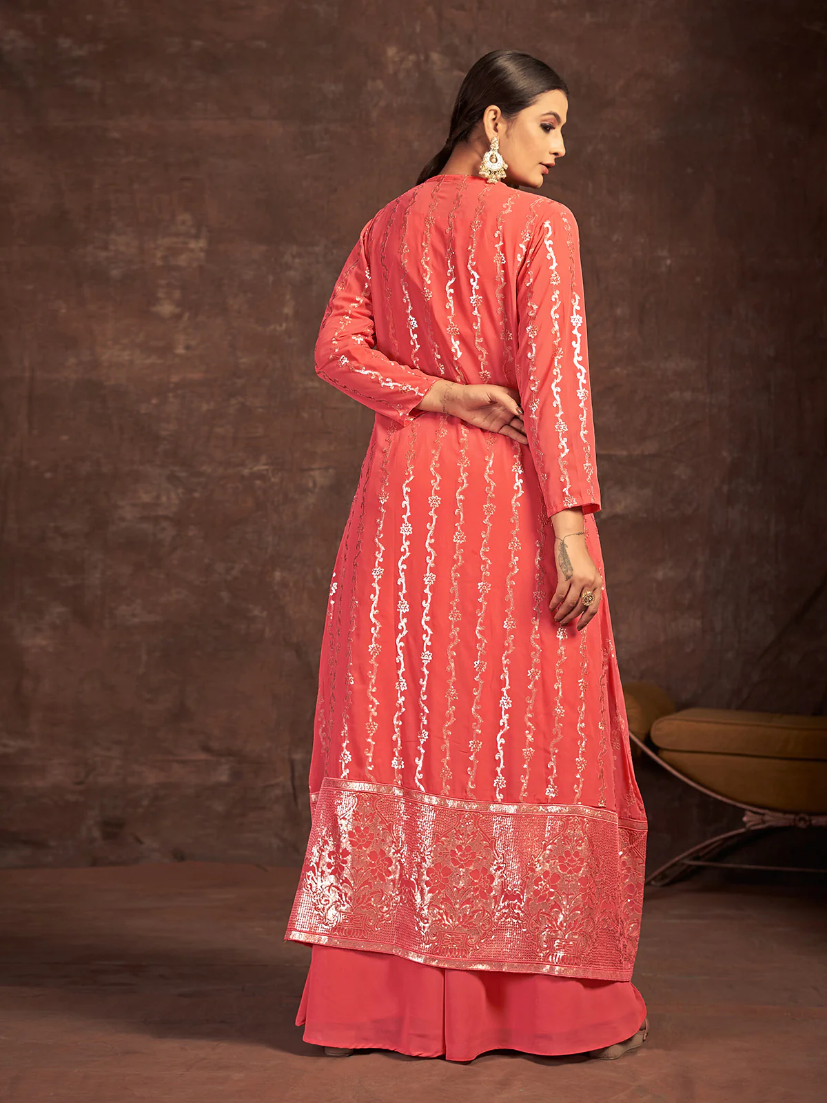 Odette Women Orange Georgette Sequins Indo Western Dress - Image 4