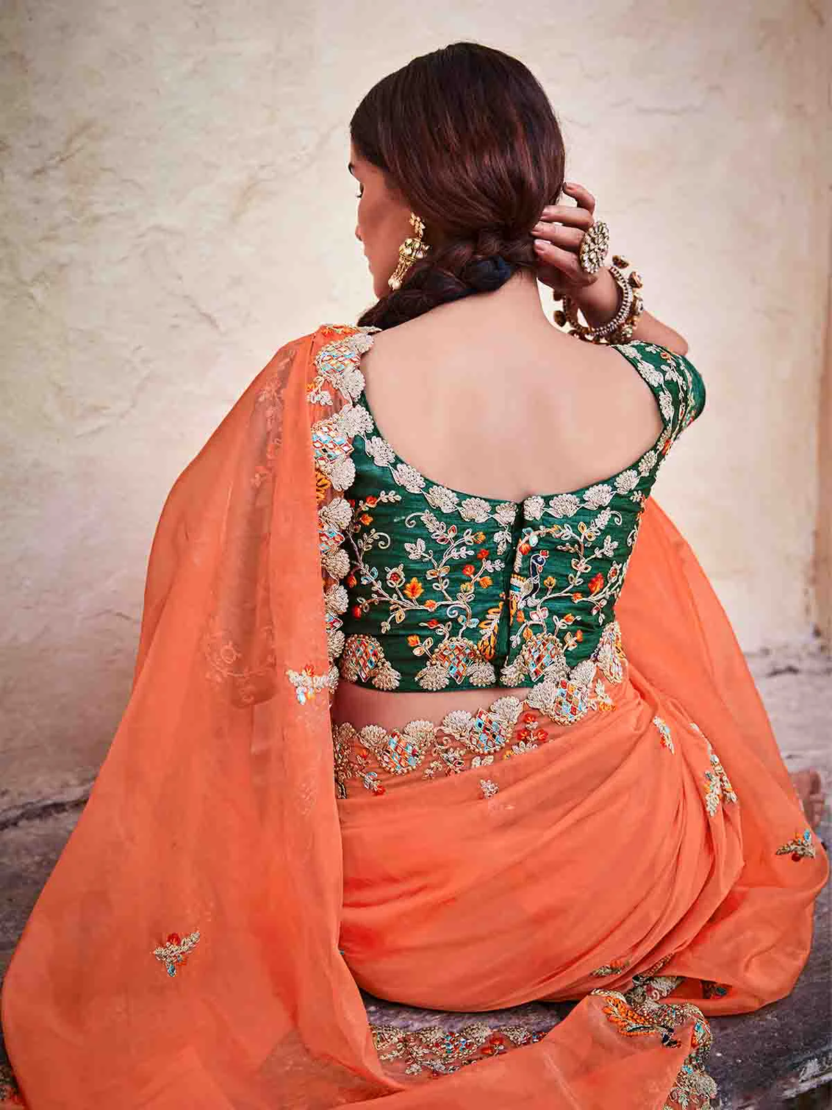 Odette Women Orange Organza Embroidered Saree With Unstitched Blouse - Image 4