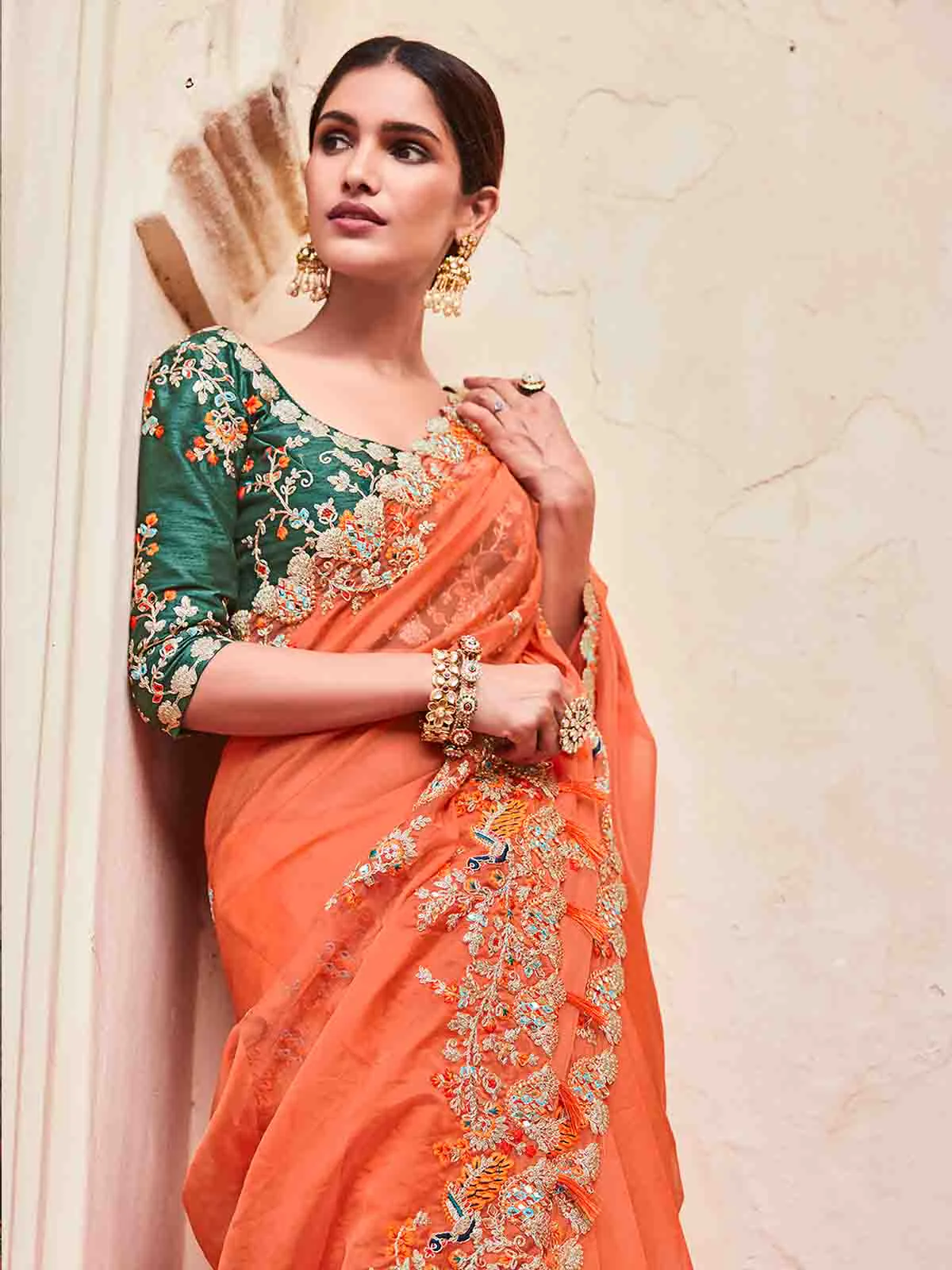Odette Women Orange Organza Embroidered Saree With Unstitched Blouse - Image 5