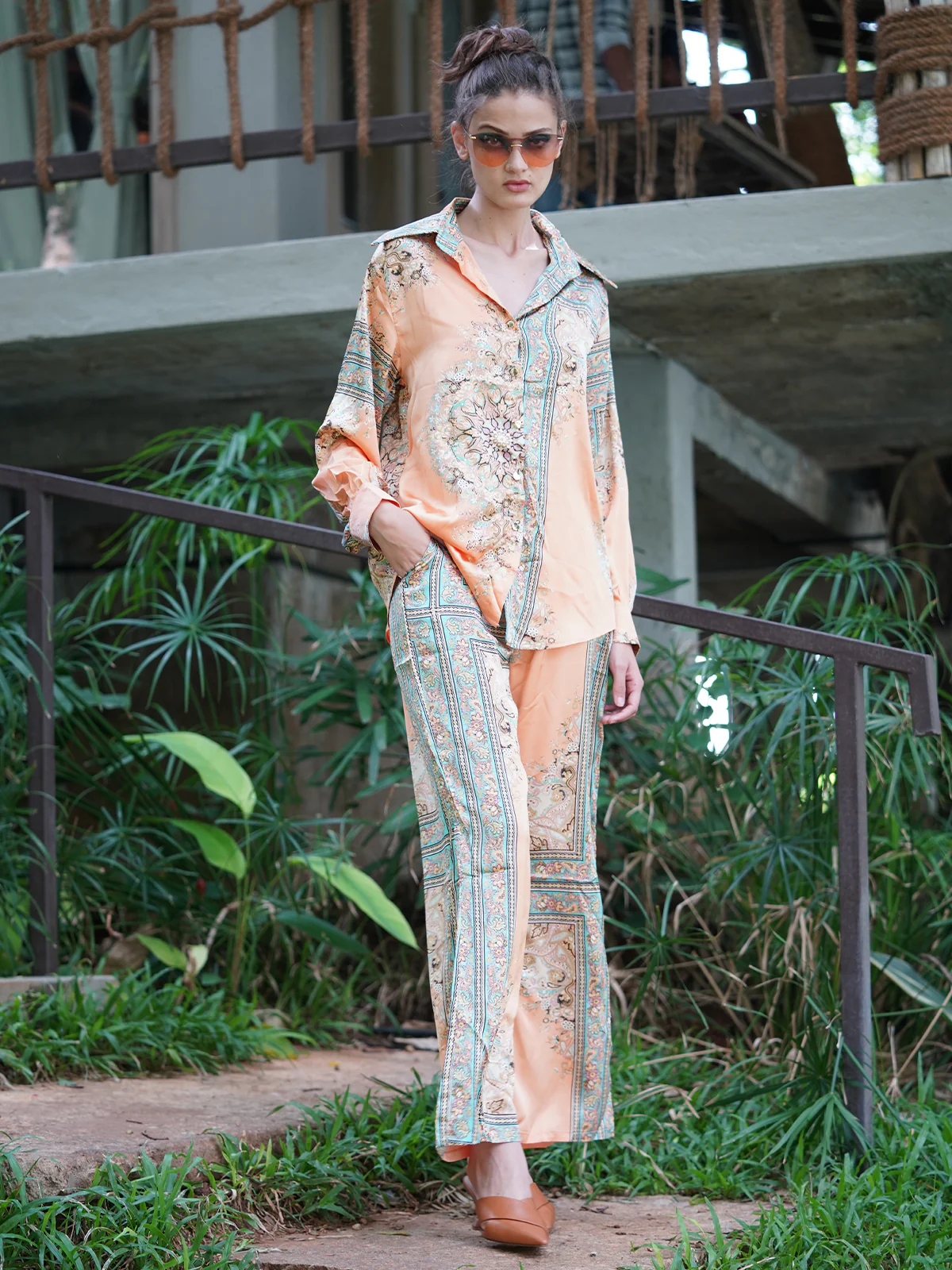 Odette Women Orange Printed Polyester Satin Co-Ord Stitched Set - Image 3