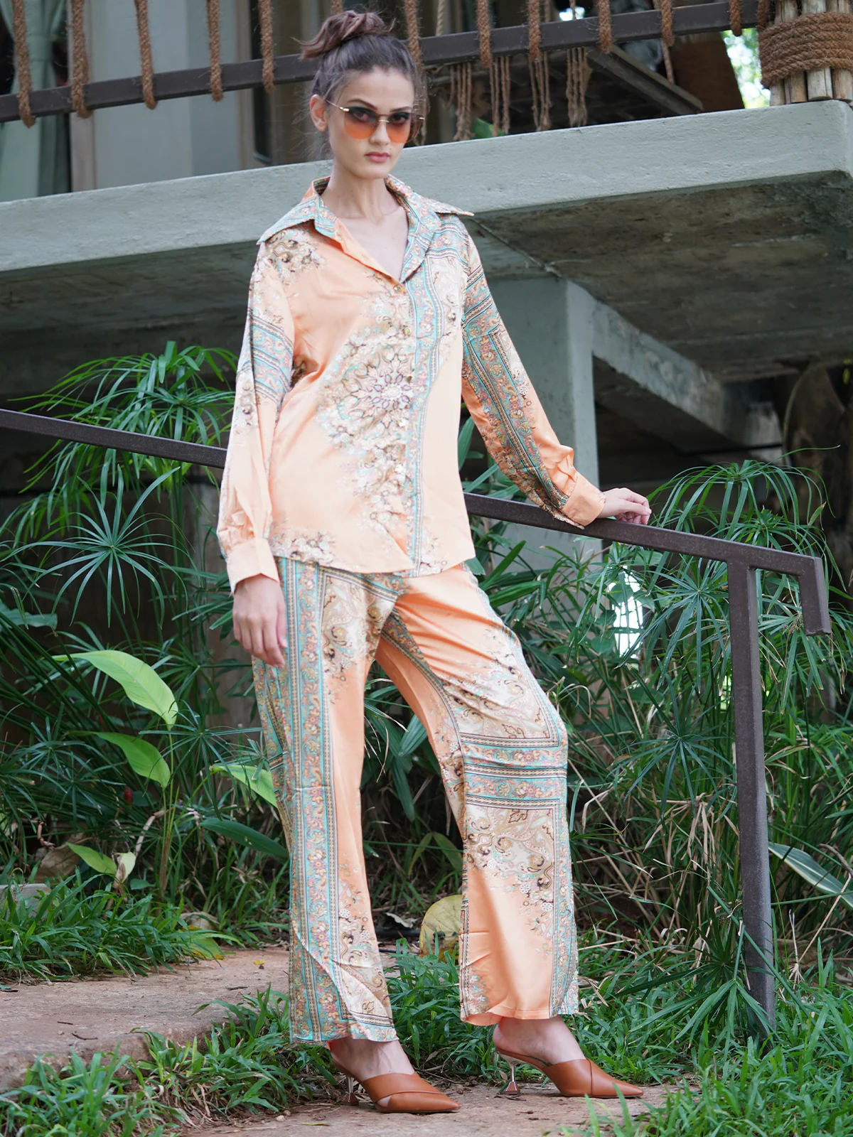 Odette Women Orange Printed Polyester Satin Co-Ord Stitched Set - Image 4