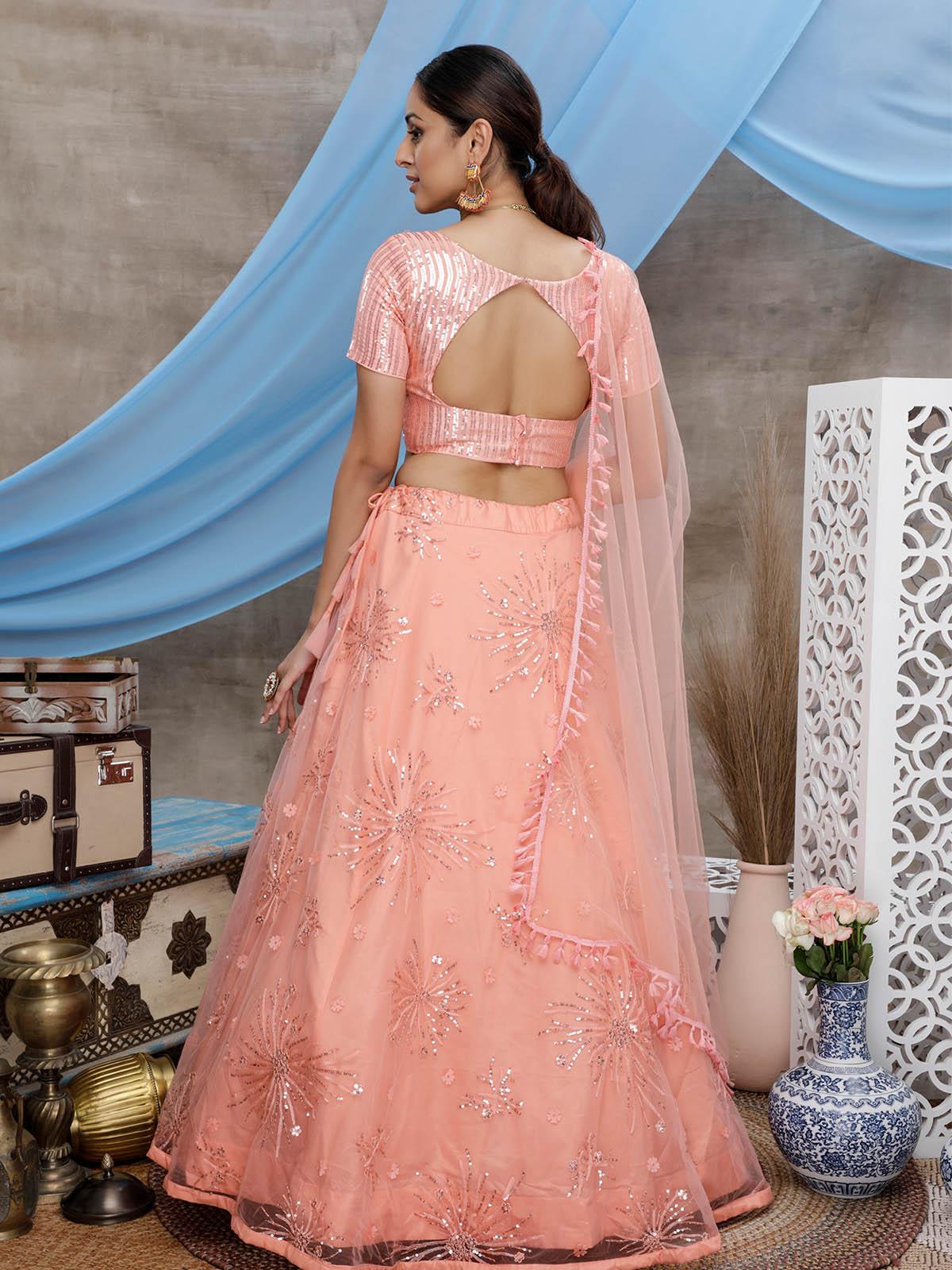 Odette Women Orange Sequins Net Semi Stitched Lehenga With  Unstitched Blouse - Image 2
