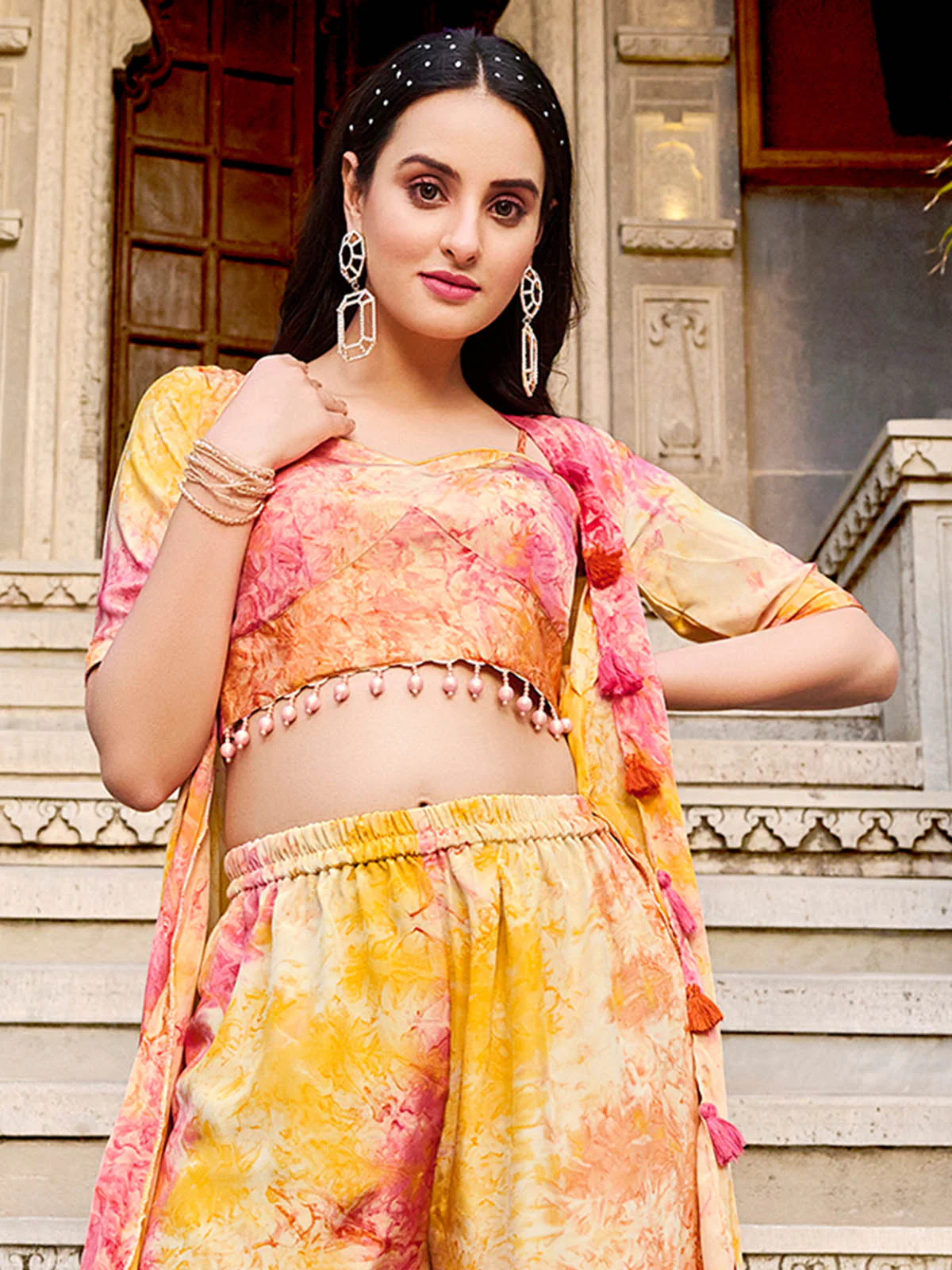 Odette Women Orange Silk Blend Printed Indo Western Set - Image 4