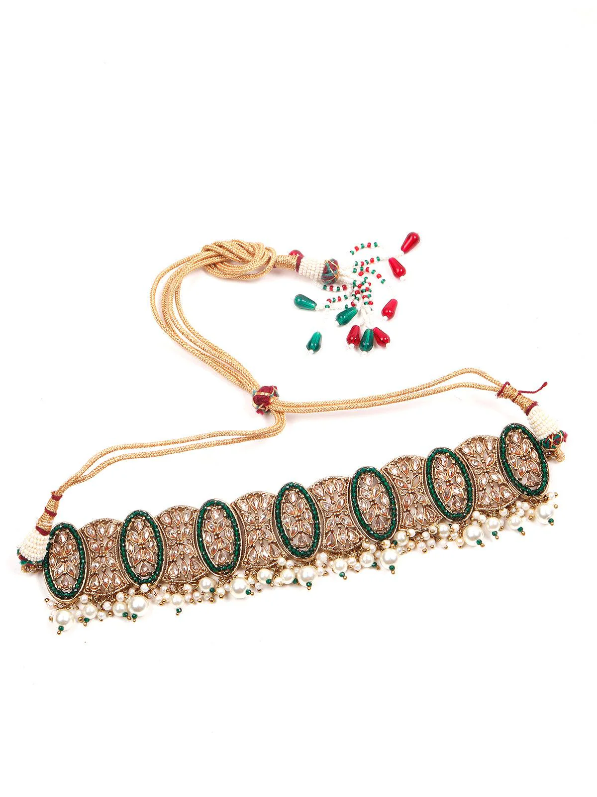 Odette Women Oval Shape Rich Gold Tone Green Choker Set - Image 4