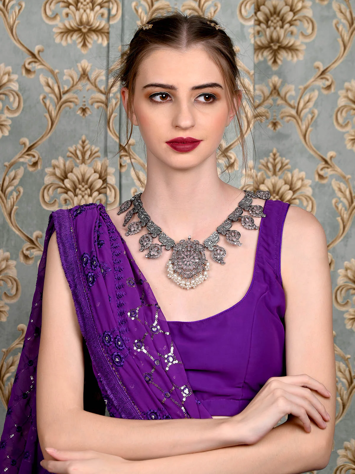 Odette Women Oxidised Silver Stone Studded Long Necklace Set - Image 2