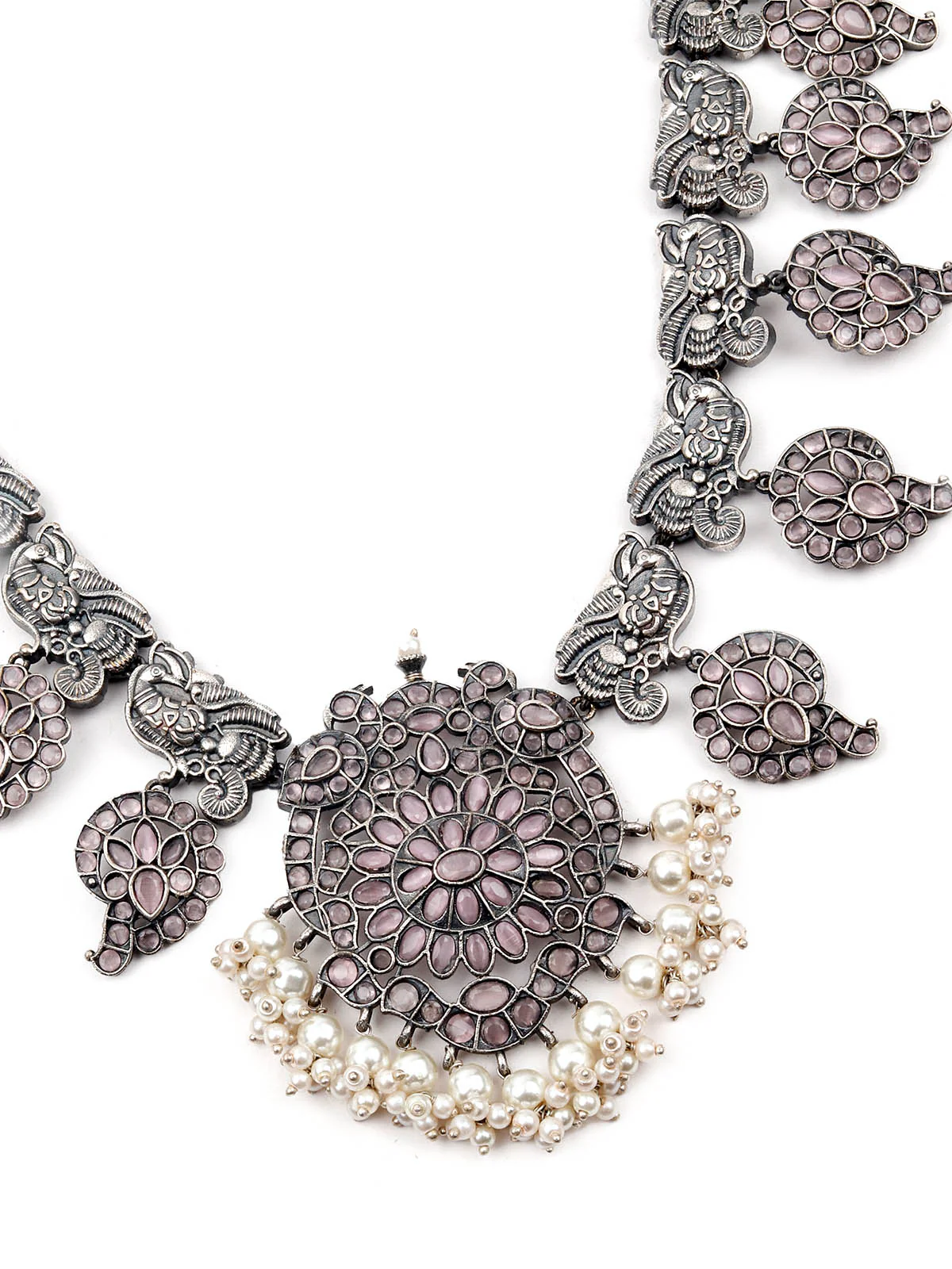 Odette Women Oxidised Silver Stone Studded Long Necklace Set - Image 4