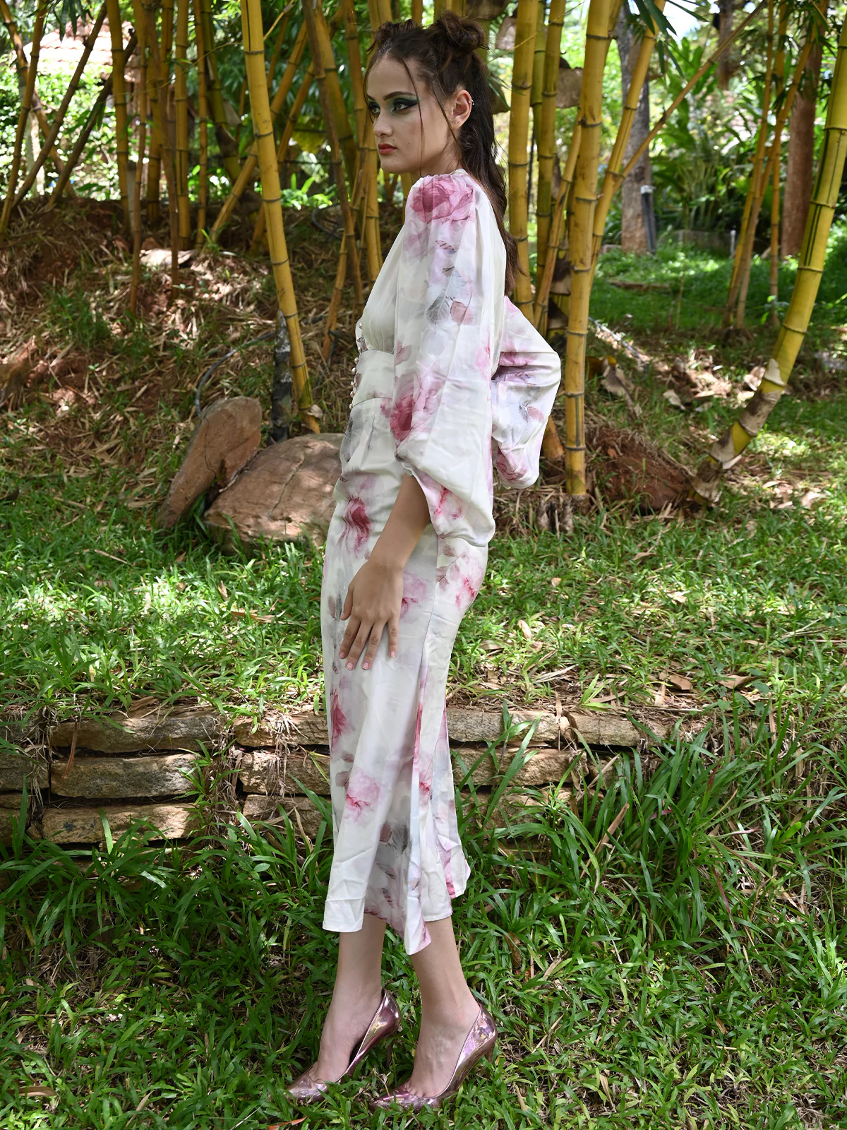 Odette Women Pink Party Wear A-Line Printed Satin Dress - Image 3