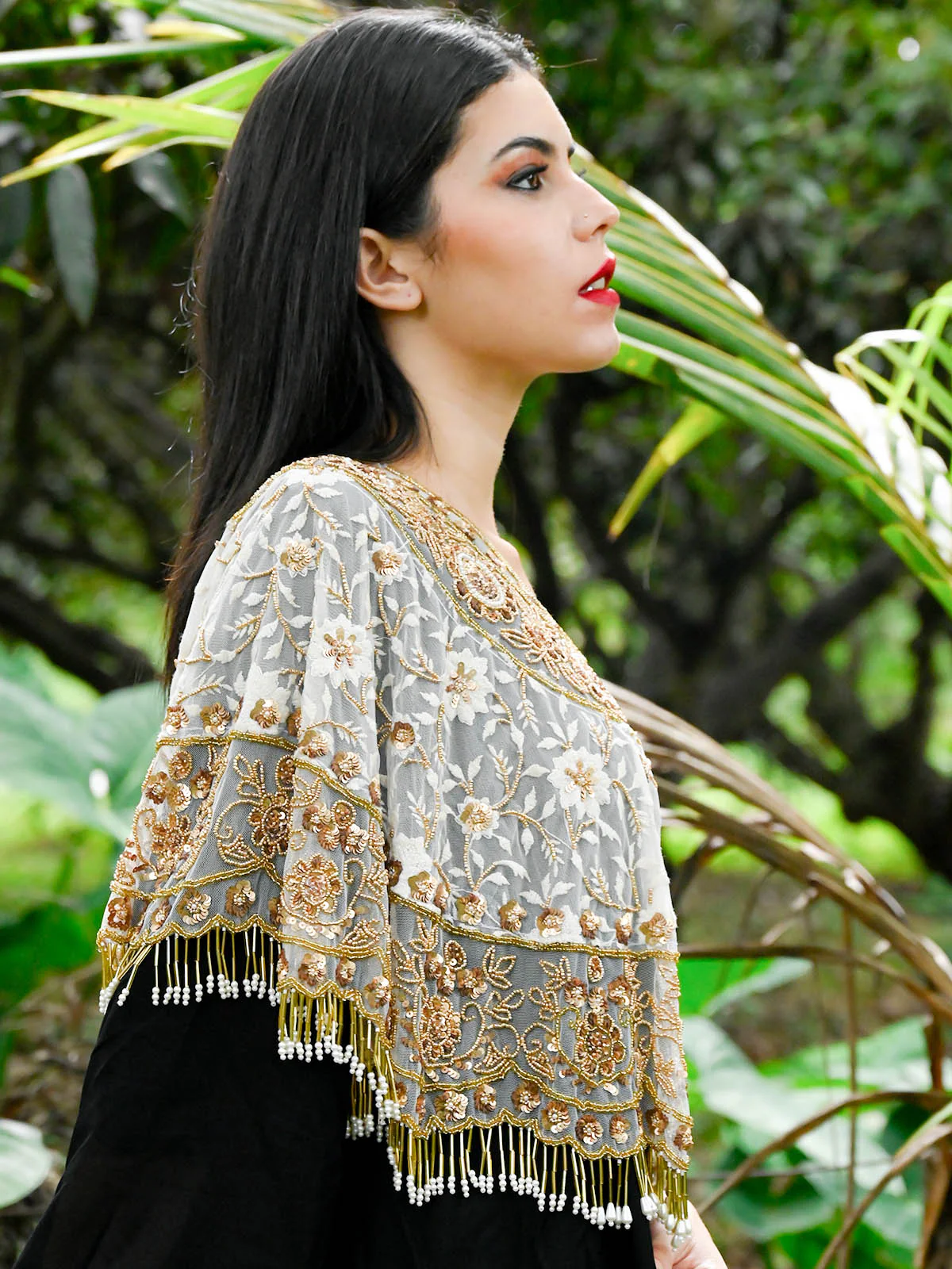 Odette Women Gold And White Embellished Cape - Image 3