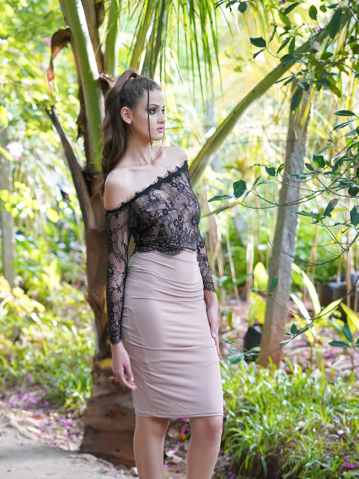 Odette Women Peach And Black Polyester Lycra With Lace Dress - Image 3