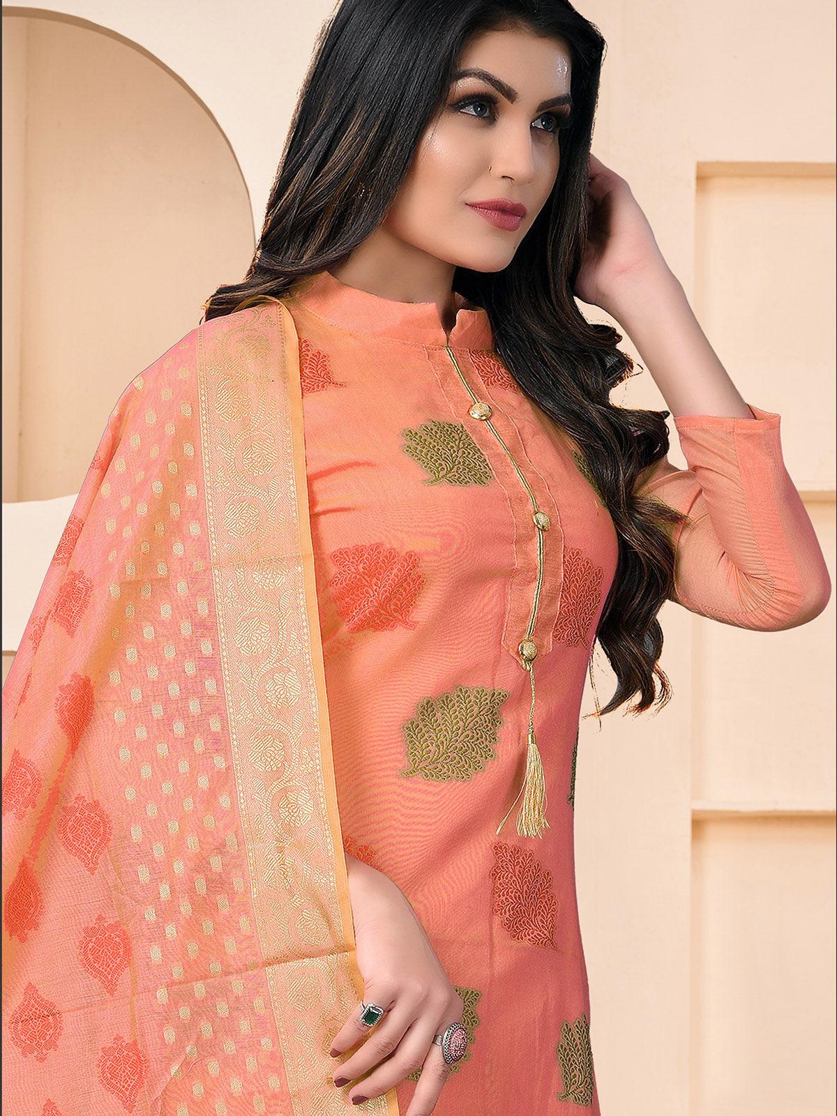 Odette Women Peach Banarasi Jacquard Woven Designer Semi Stitched Kurta Set - Image 2