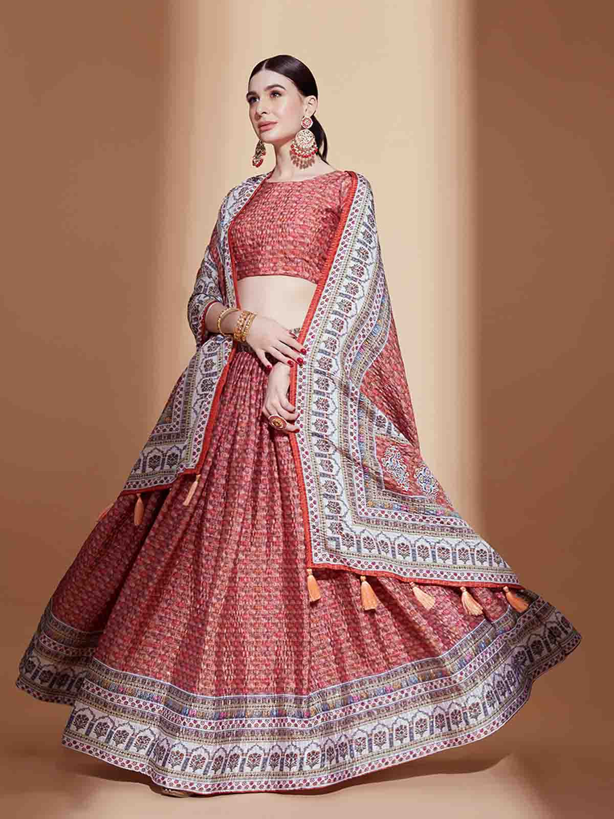 Odette Women Peach Chinon Semi Stitched Lehenga With Unstitched Blouse - Image 2