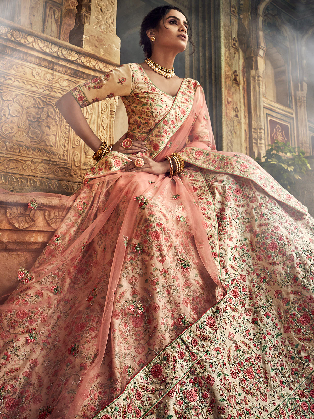 Odette Women Peach Art Silk Semi Stitched Lehenga With Unstitched Blouse - Image 3