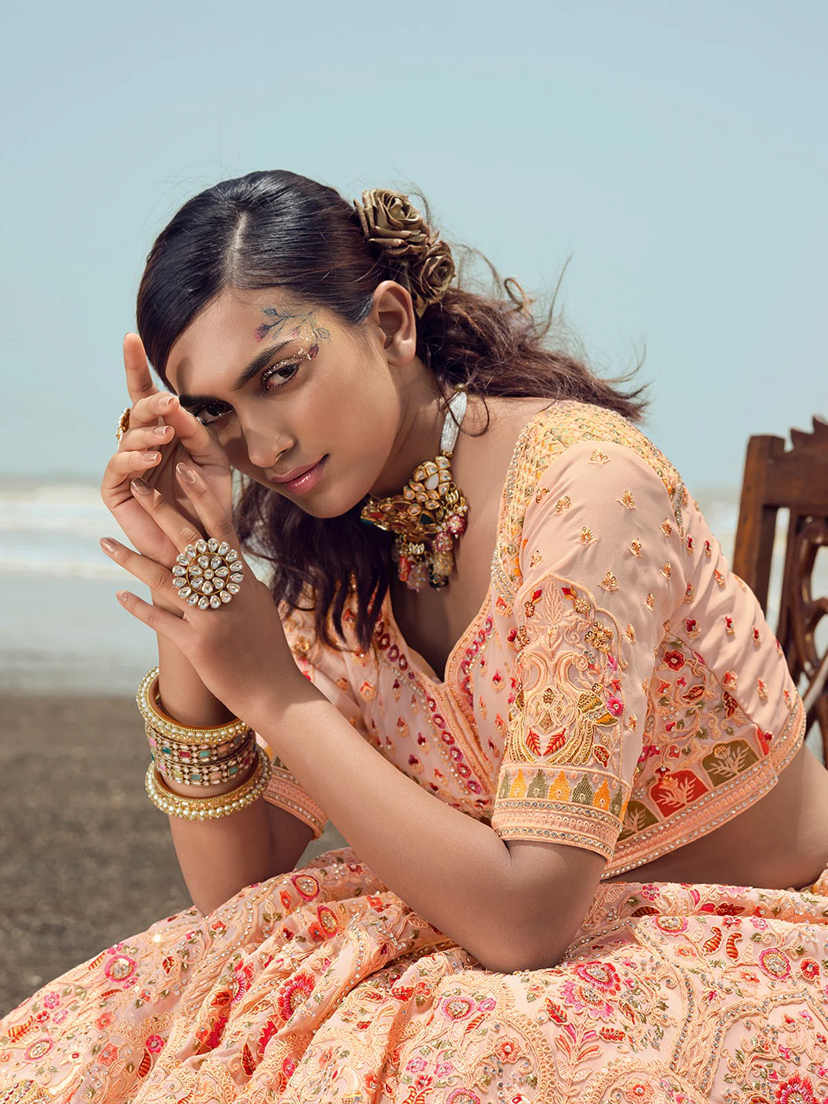 Odette Women Peach Embroidered Georgette Semi Stitched Lehenga With Unstitched Blouse - Image 3