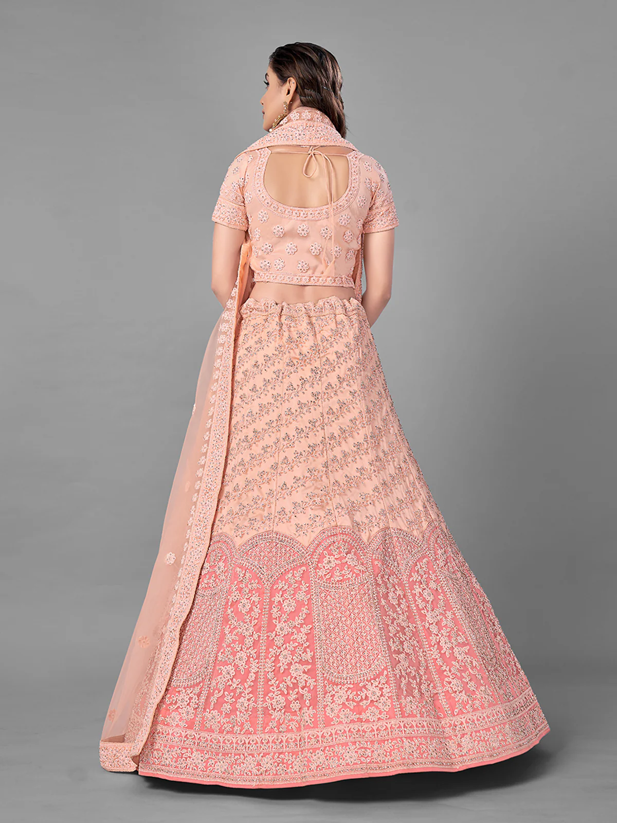 Odette Women Peach Soft Net Semi Stitched Lehenga With Unstitched Blouse - Image 4