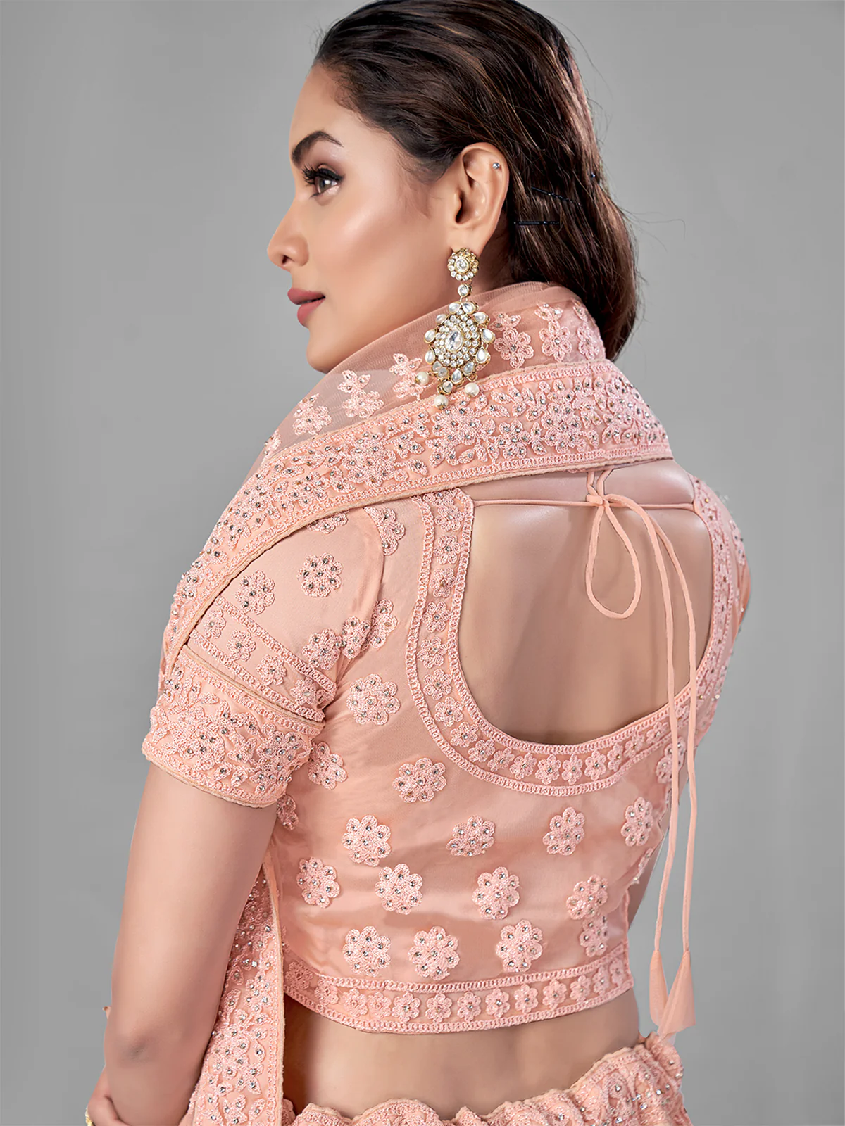 Odette Women Peach Soft Net Semi Stitched Lehenga With Unstitched Blouse - Image 5