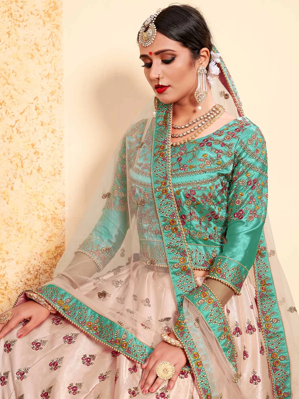 Odette Women Peach Elegant Semi Stitched Lehenga With Unstitched Blouse - Image 3