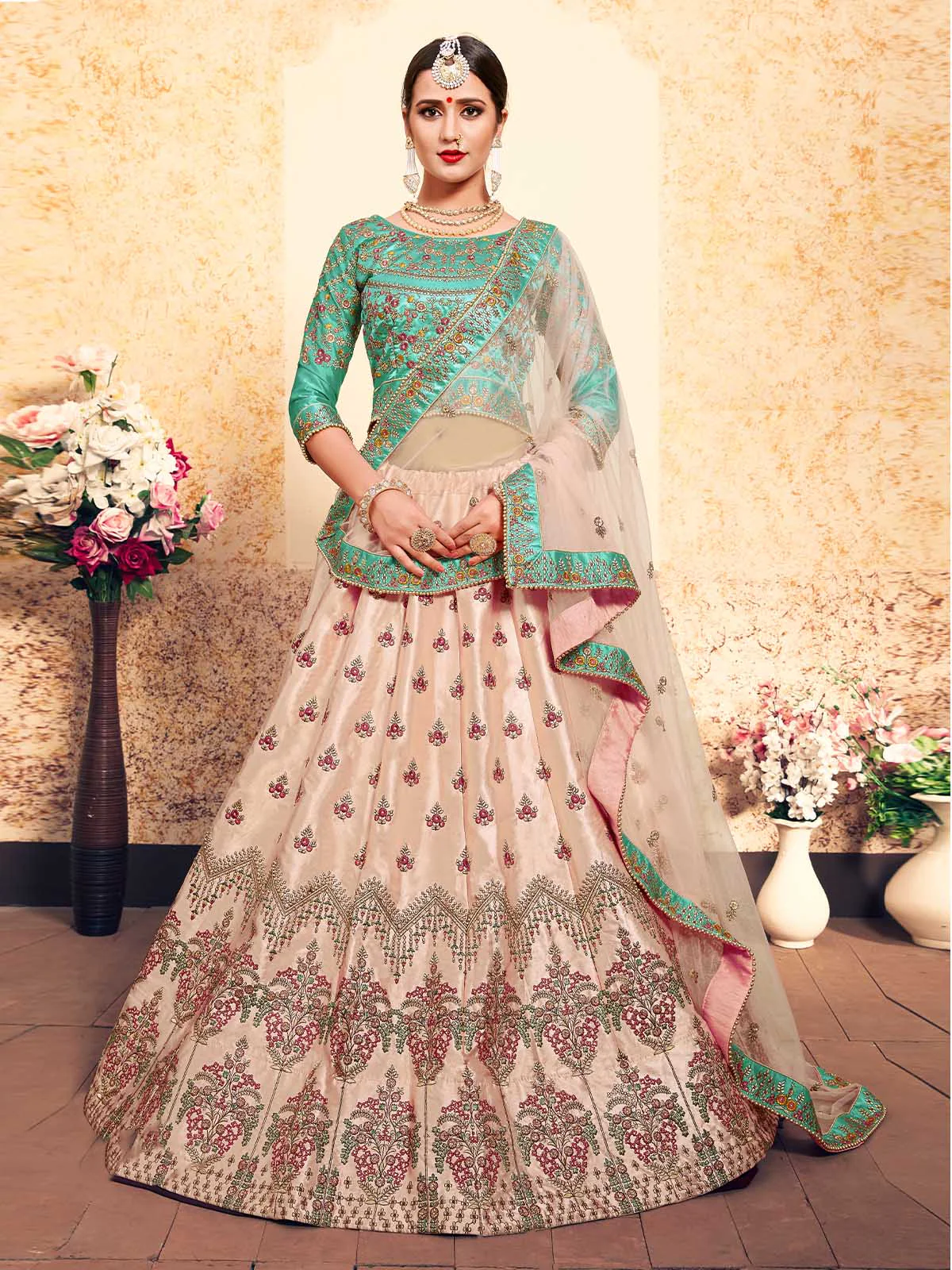 Odette Women Peach Elegant Semi Stitched Lehenga With Unstitched Blouse - Image 4