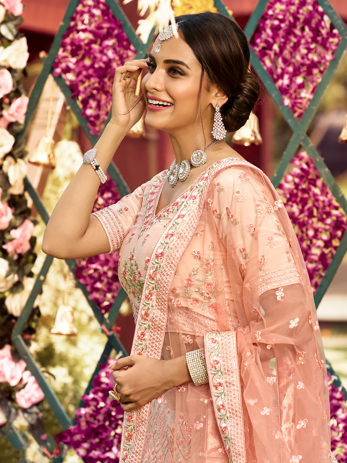 Odette Women Peach Elegant Semi Stitched Lehenga With Unstitched Blouse - Image 2
