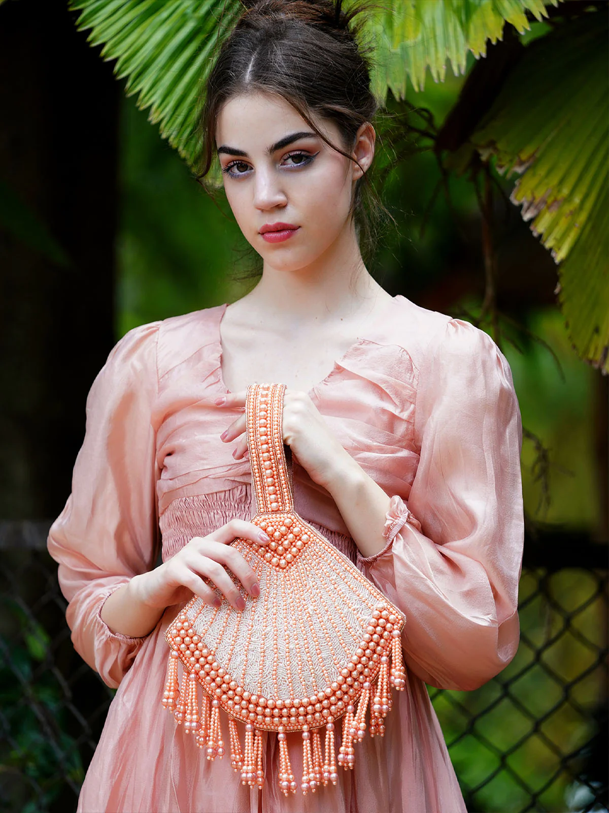 Odette Women Peach Fan Shaped Pearl Bag - Image 3