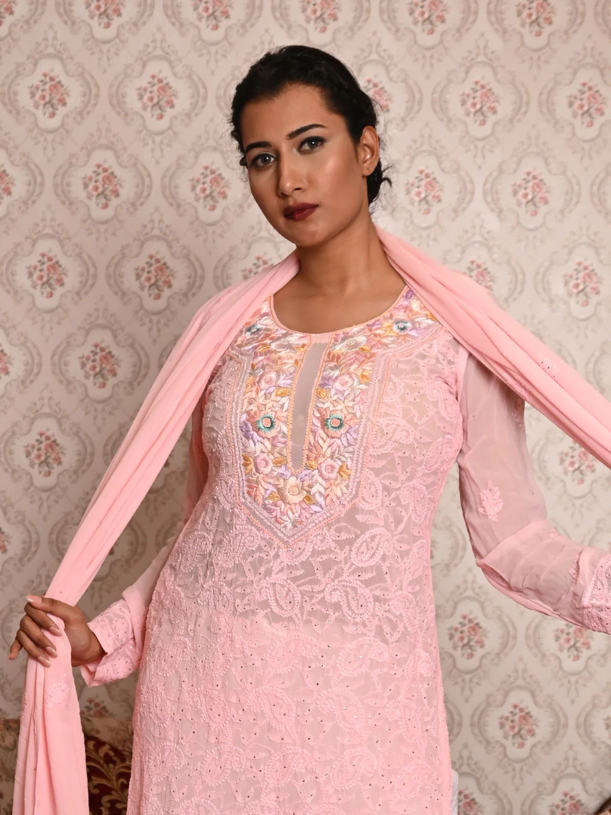Odette Women Pink Georgette Chikankari Mukaish Work Embroidered Stitched Kurta With Dupatta - Image 2
