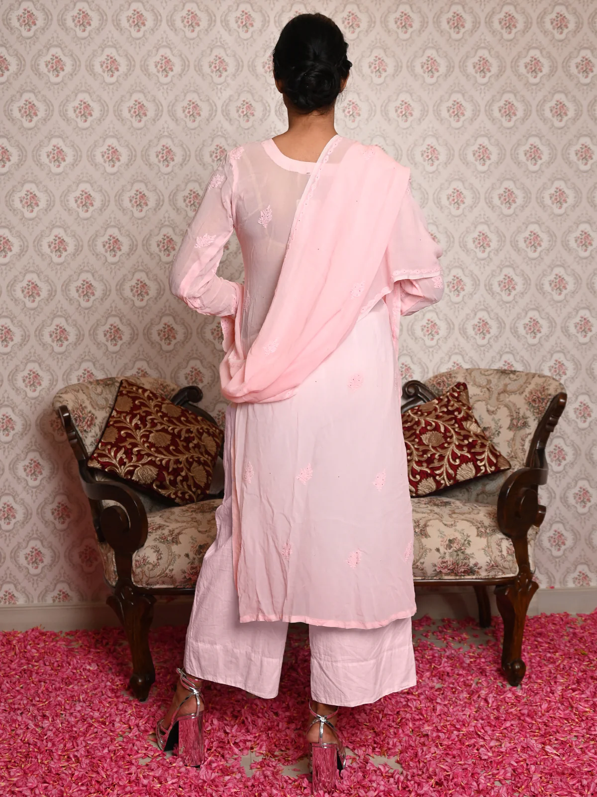 Odette Women Pink Georgette Chikankari Mukaish Work Embroidered Stitched Kurta With Dupatta - Image 3