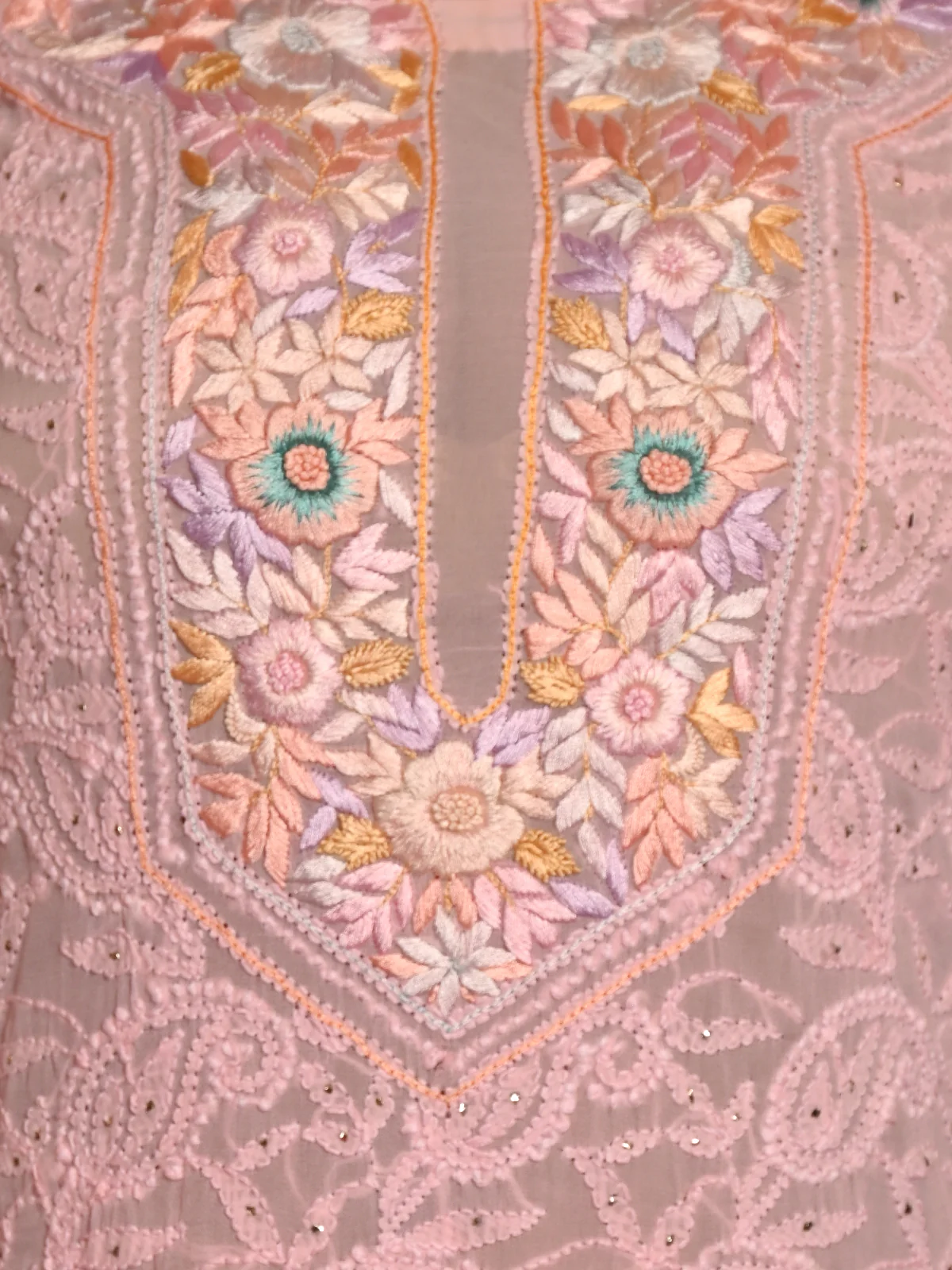Odette Women Pink Georgette Chikankari Mukaish Work Embroidered Stitched Kurta With Dupatta - Image 4