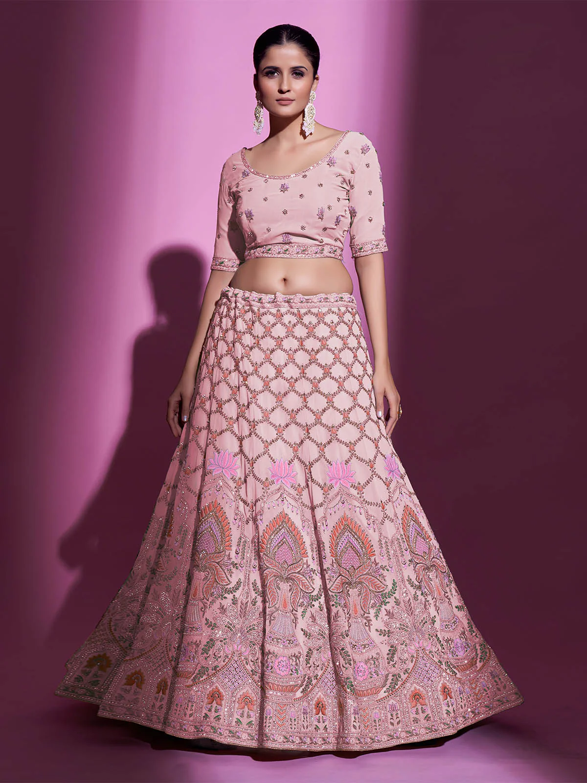 Odette Women Peach Georgette Embroidered Semi Stitched Lehenga With Unstitched Blouse - Image 4