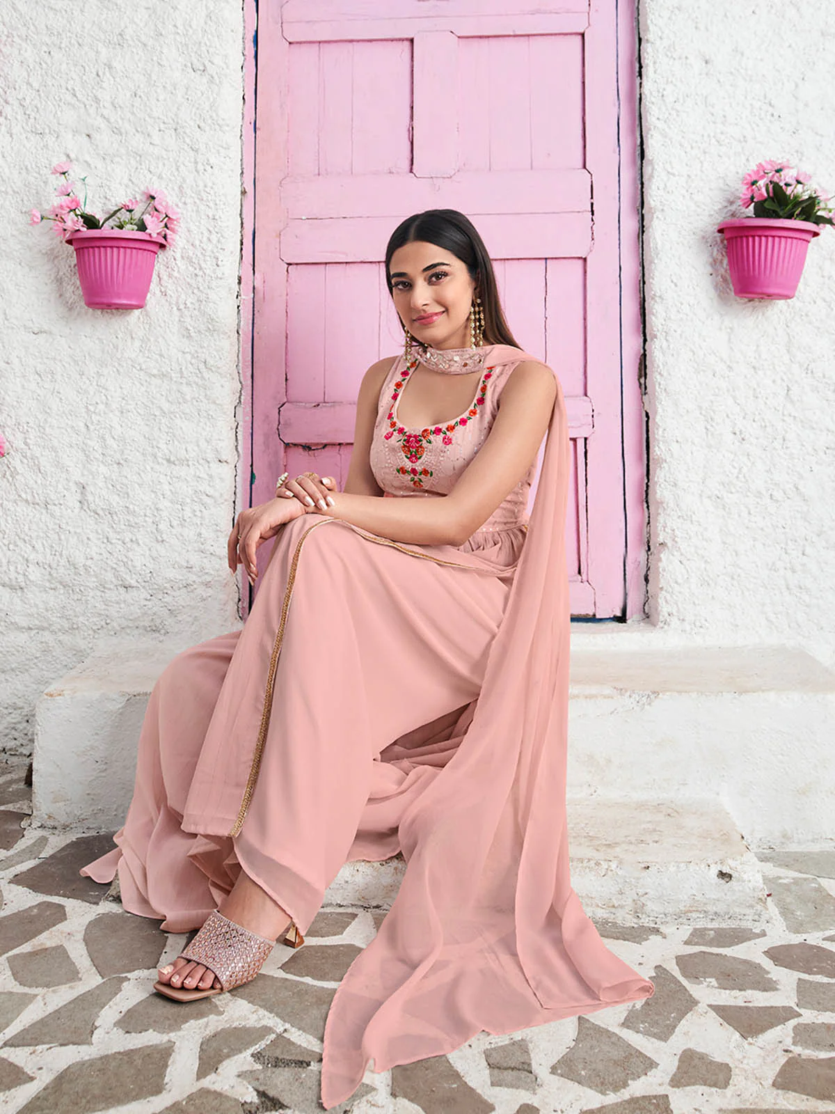 Odette Women Peach Georgette Embroidered Stitched  Salwar Suit - Image 2