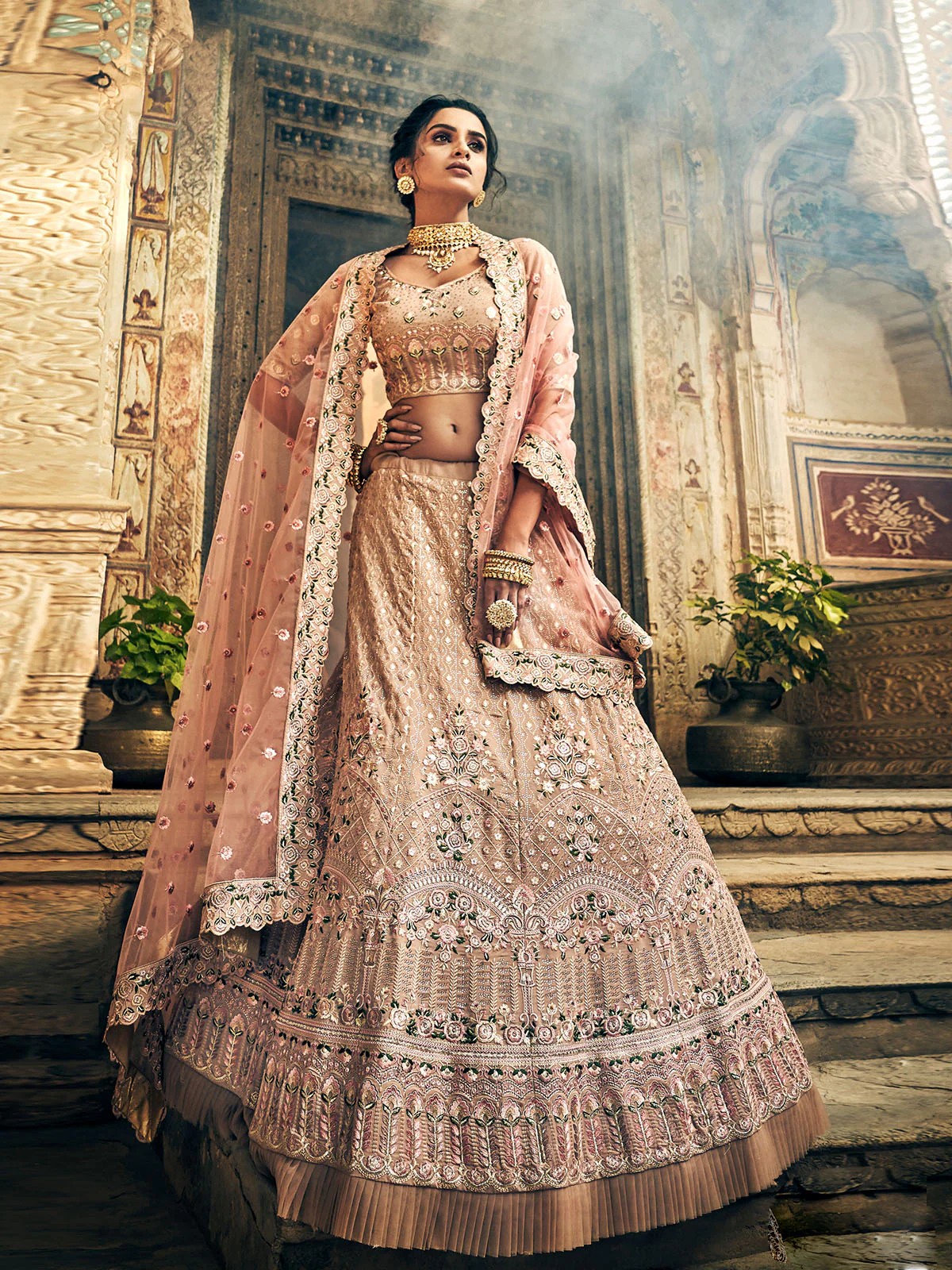 Odette Women Peach Georgette Semi Stitched Lehenga With Unstitched Blouse - Image 4
