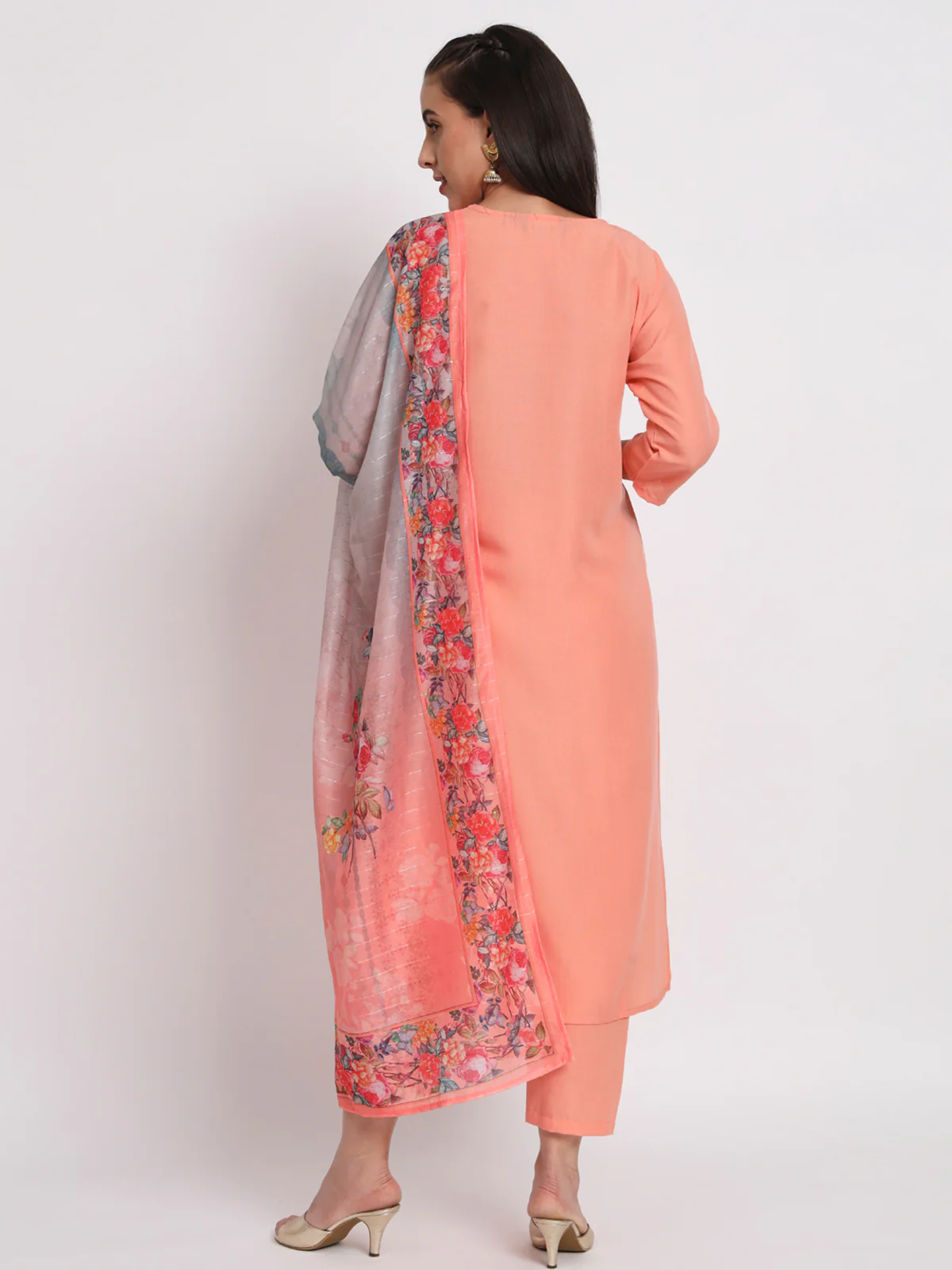 Odette Women Peach Cotton Blend Embroidered Stitched Kurta Set - Image 4