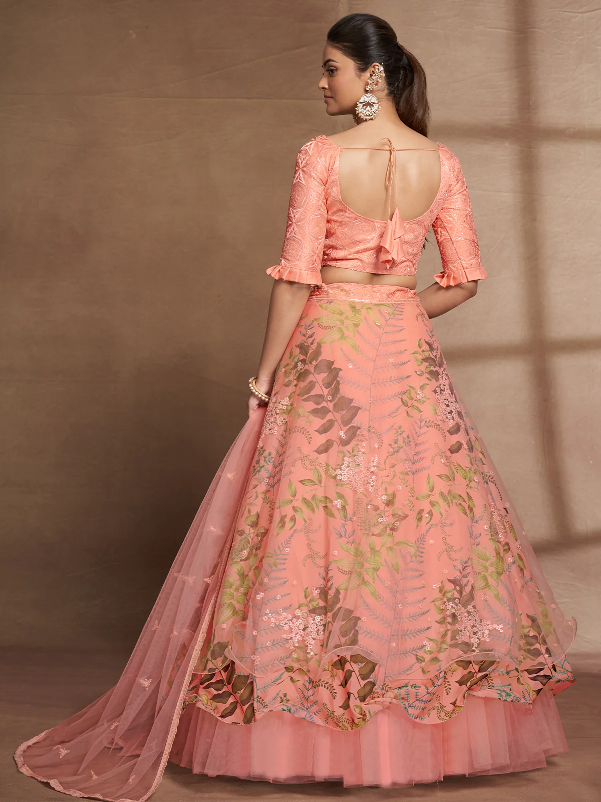 Odette Women Peach Net Print With Sequins Semi Stitched Lehenga Choli - Image 4