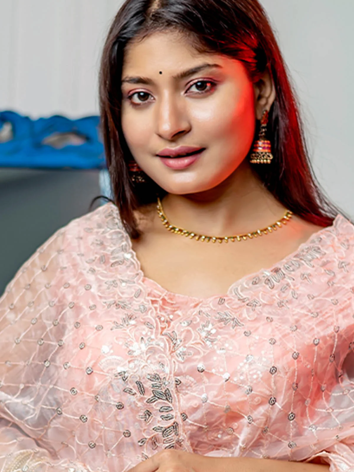 Odette Women Peach Organza Embellished Saree With Stitched Blouse - Image 6