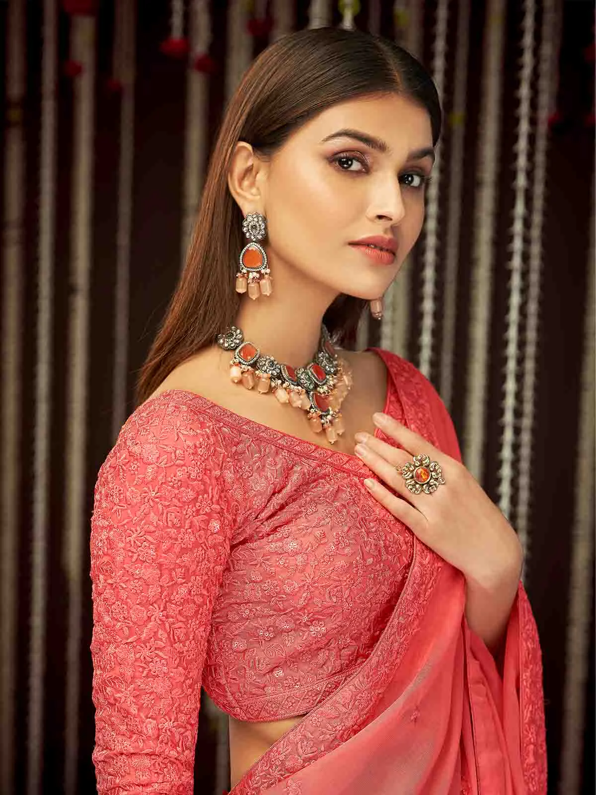 Odette Women Peach Organza Embroidered Saree With Unstitched Blouse - Image 3
