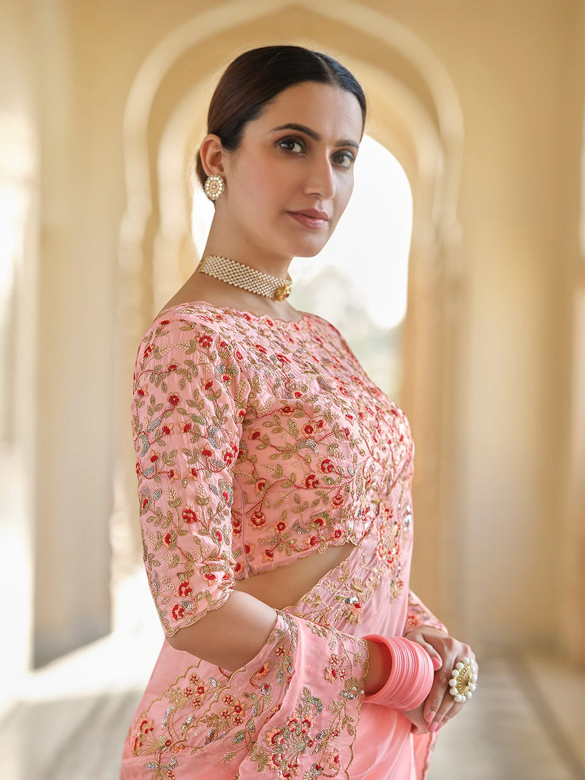 Odette Women Peach Organza Embroidered Saree With Unstitched Blouse - Image 2