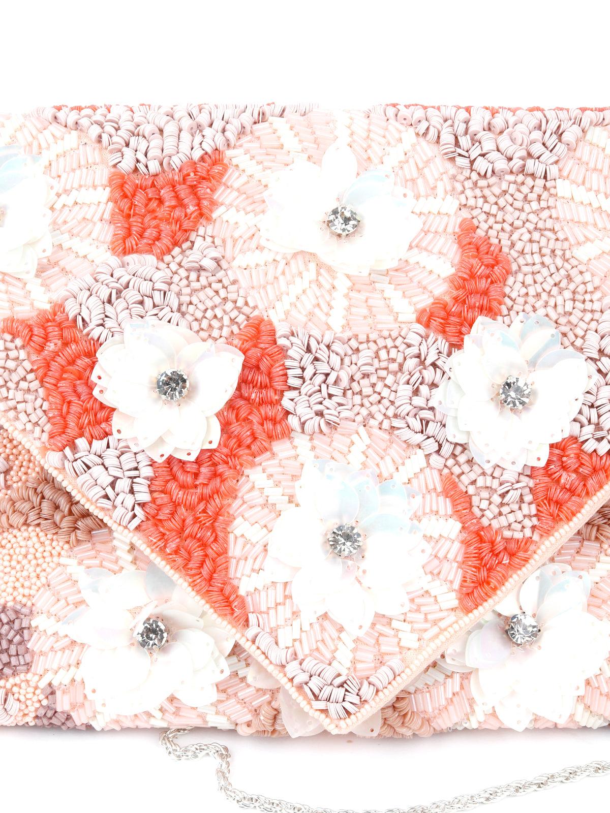 Odette Women Peach Pink Floral Envelope Clutch - Image 4