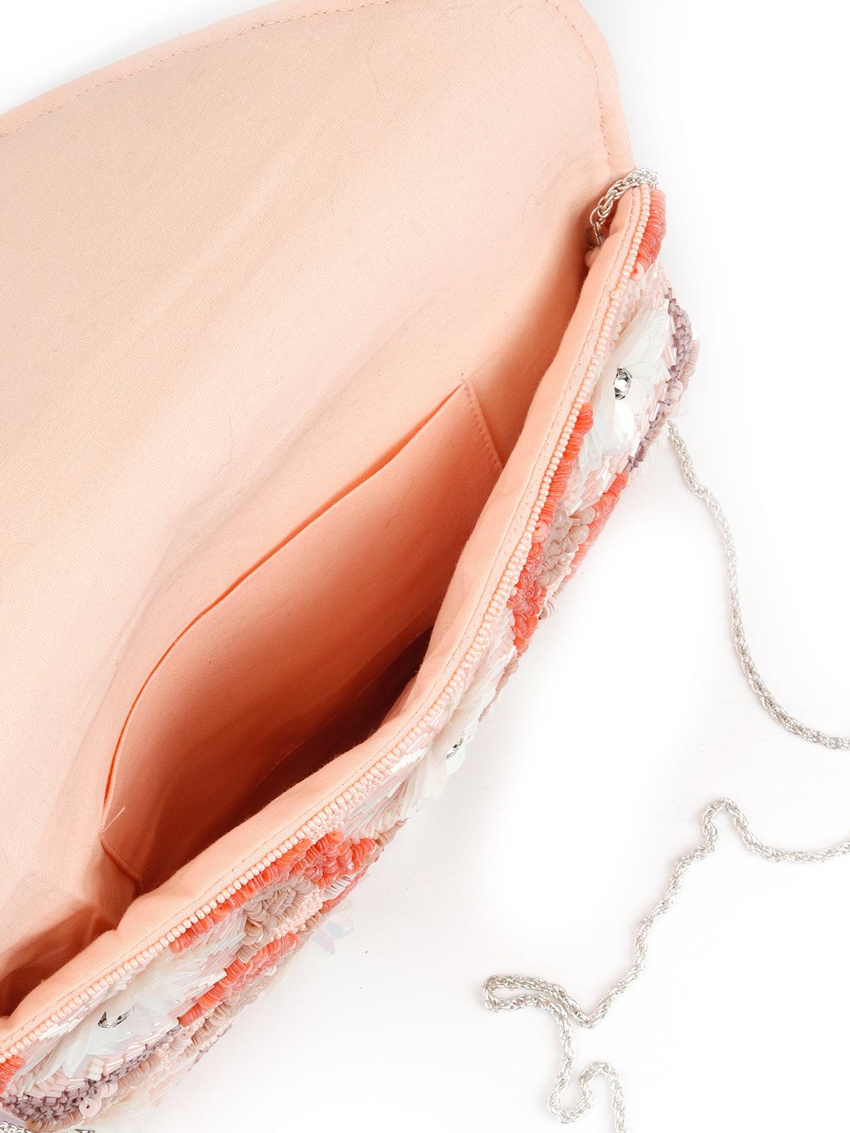 Odette Women Peach Pink Floral Envelope Clutch - Image 5