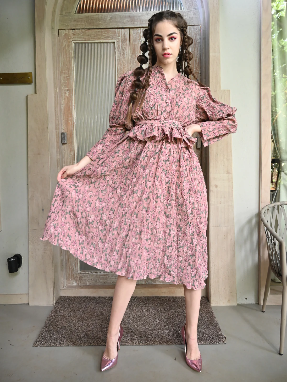 Odette Women Peach Printed Crinkled Polyester Stitched Dress - Image 2