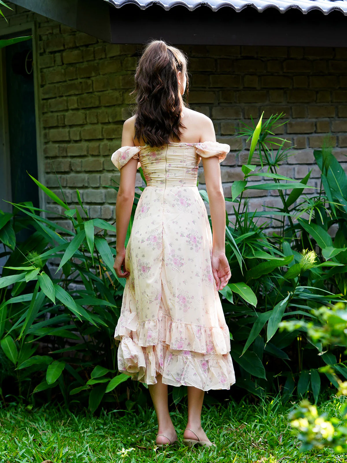 Odette Women Peach Printed Georgette Stitched Dress - Image 4